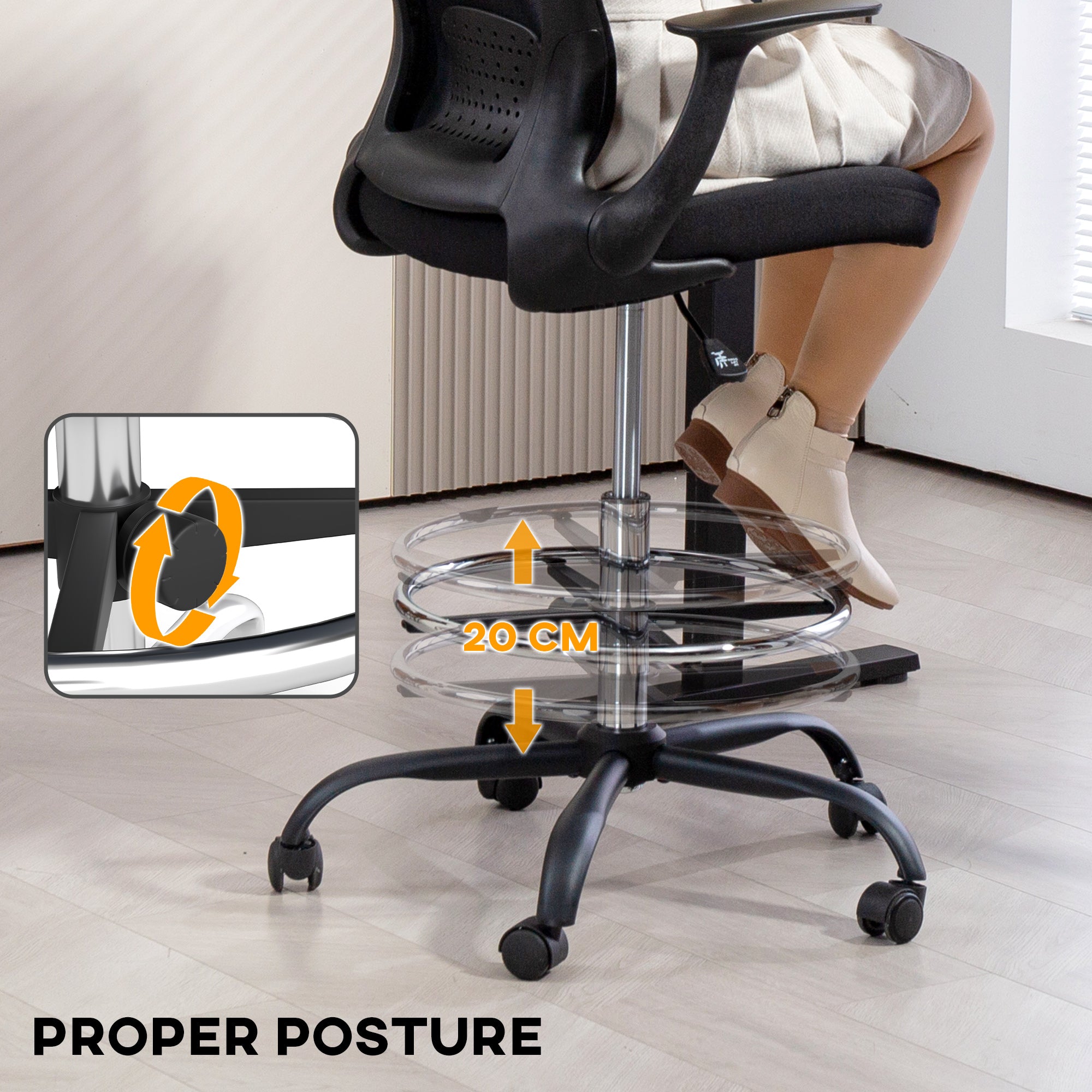 HOMCOM Drafting Chair Adjustable Height Breathable For Office with mesh back, lumbar support, and chrome foot ring.