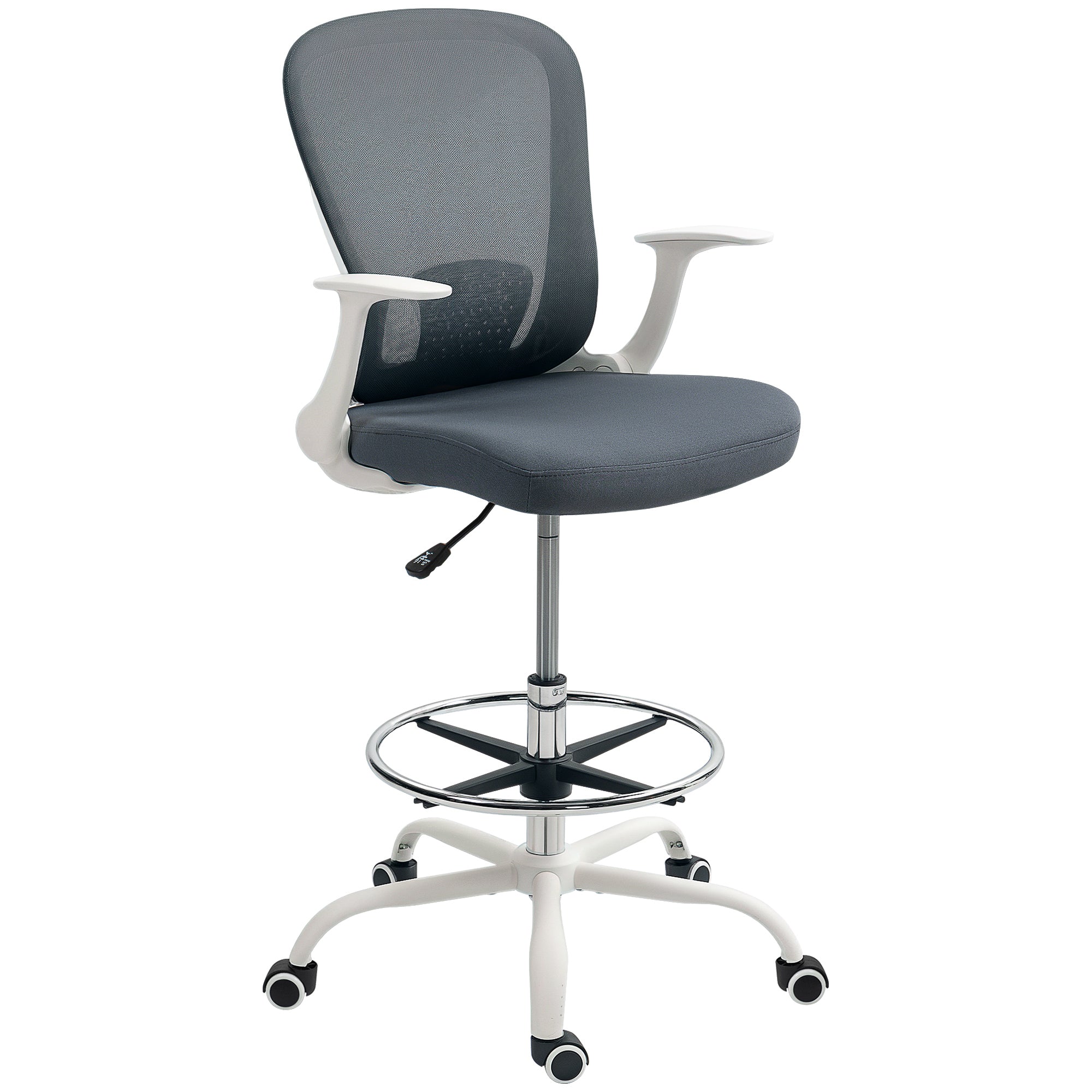 HOMCOM Drafting Chair Adjustable Height Breathable For Office with mesh back, cushioned seat, chrome foot ring.