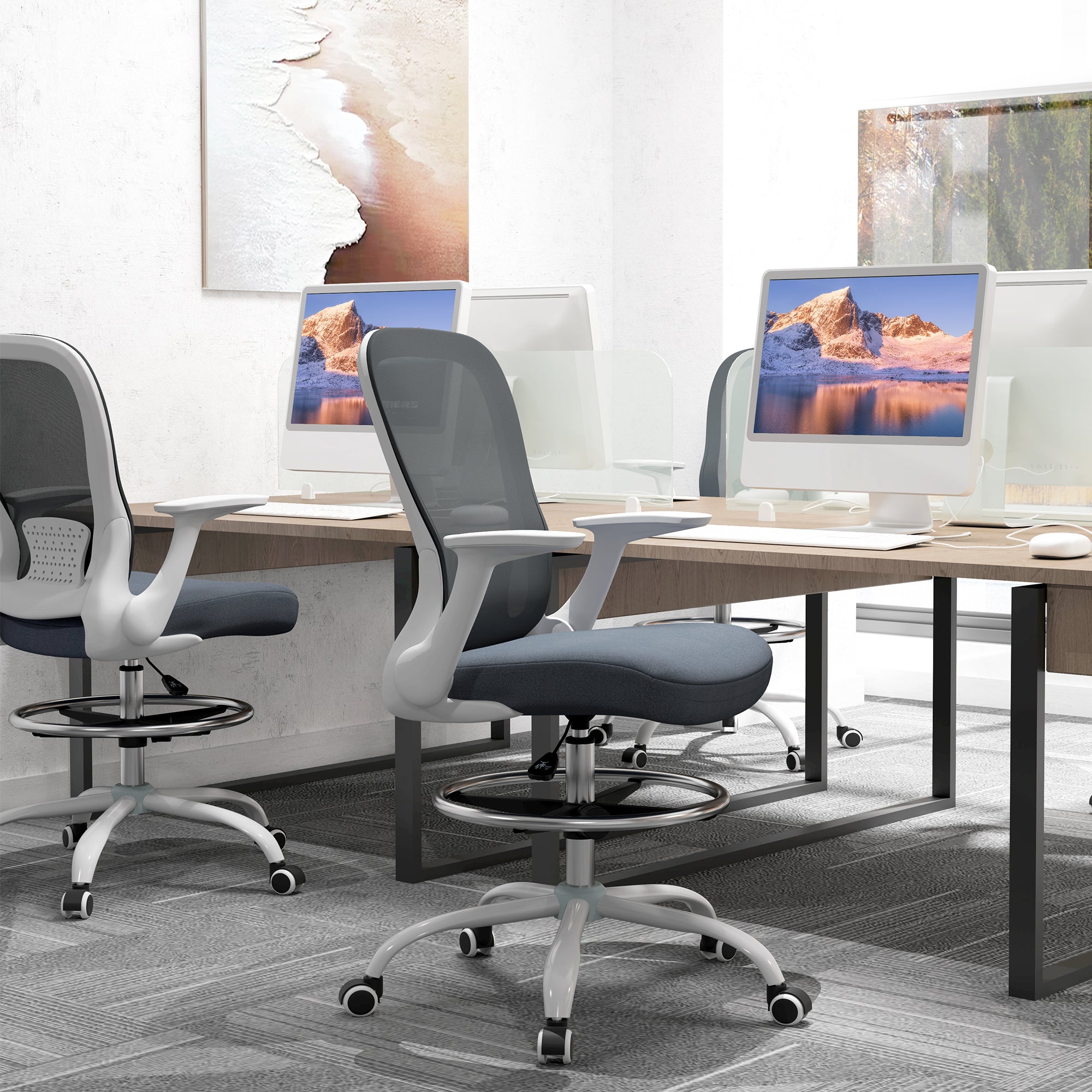 HOMCOM Drafting Chair Adjustable Height Breathable For Office with mesh back, lumbar support, flip-up armrests.