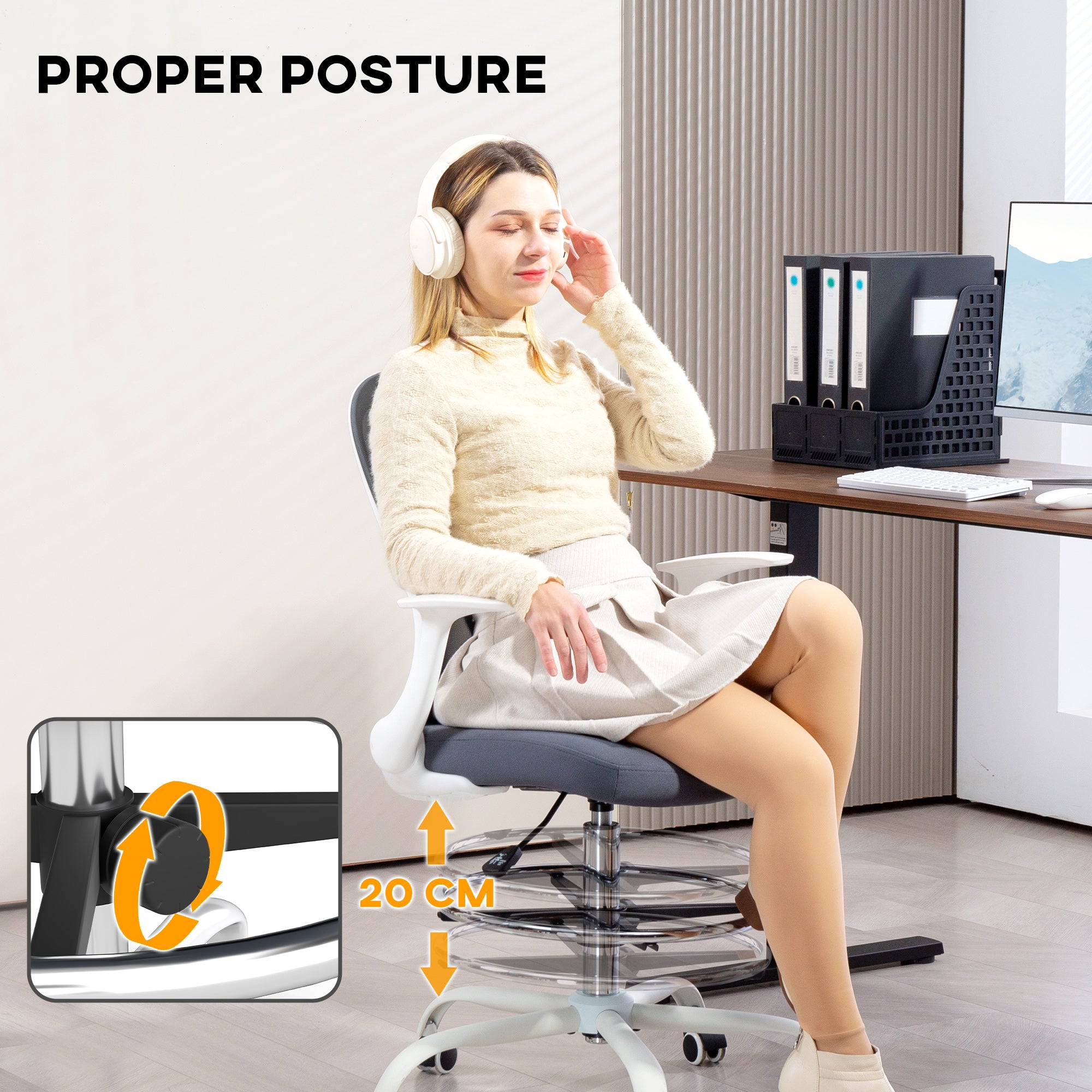 HOMCOM Drafting Chair Adjustable Height Breathable For Office: woman sits in breathable mesh chair at desk