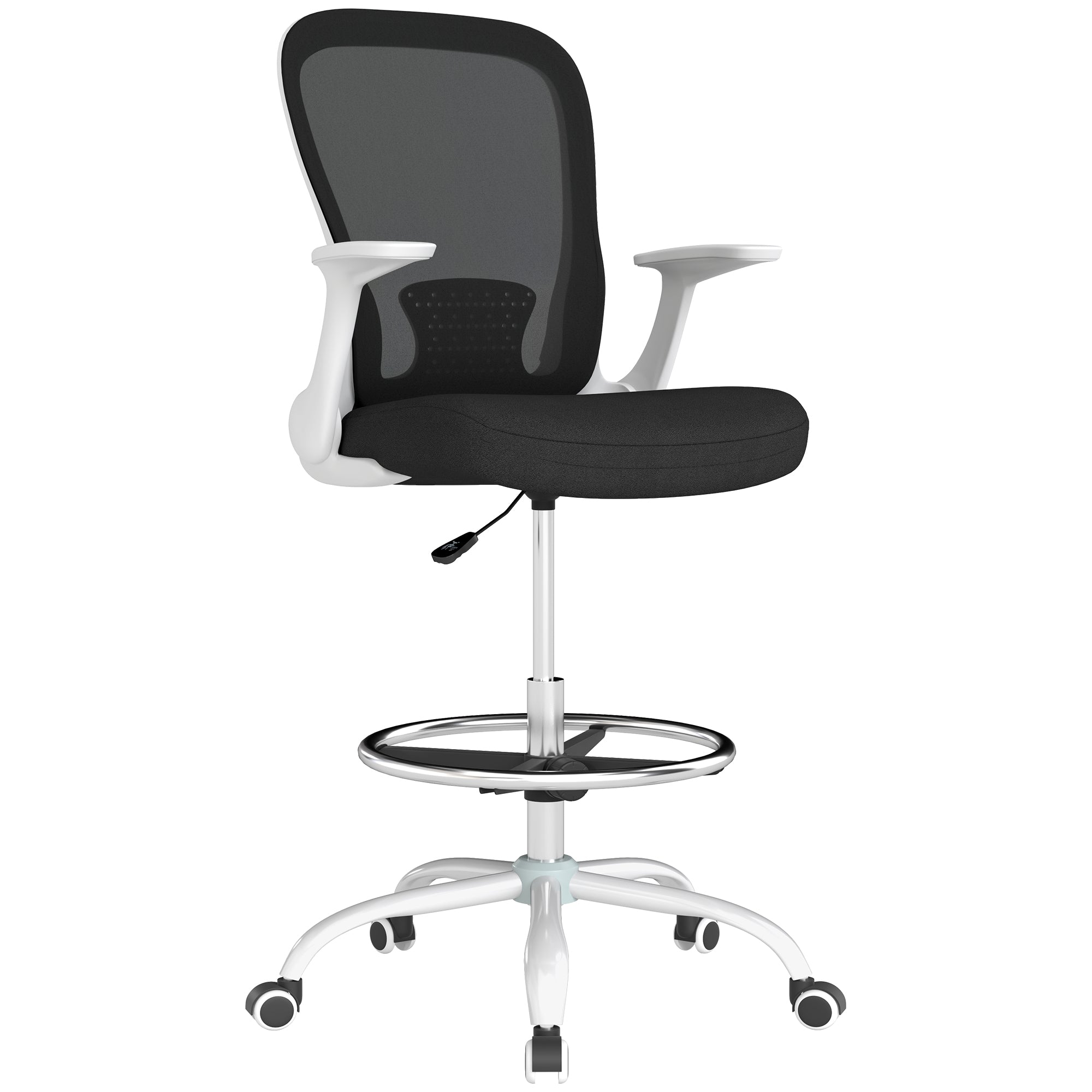 HOMCOM Drafting Chair Adjustable Height Breathable For Office with mesh back, cushioned seat and chrome foot ring