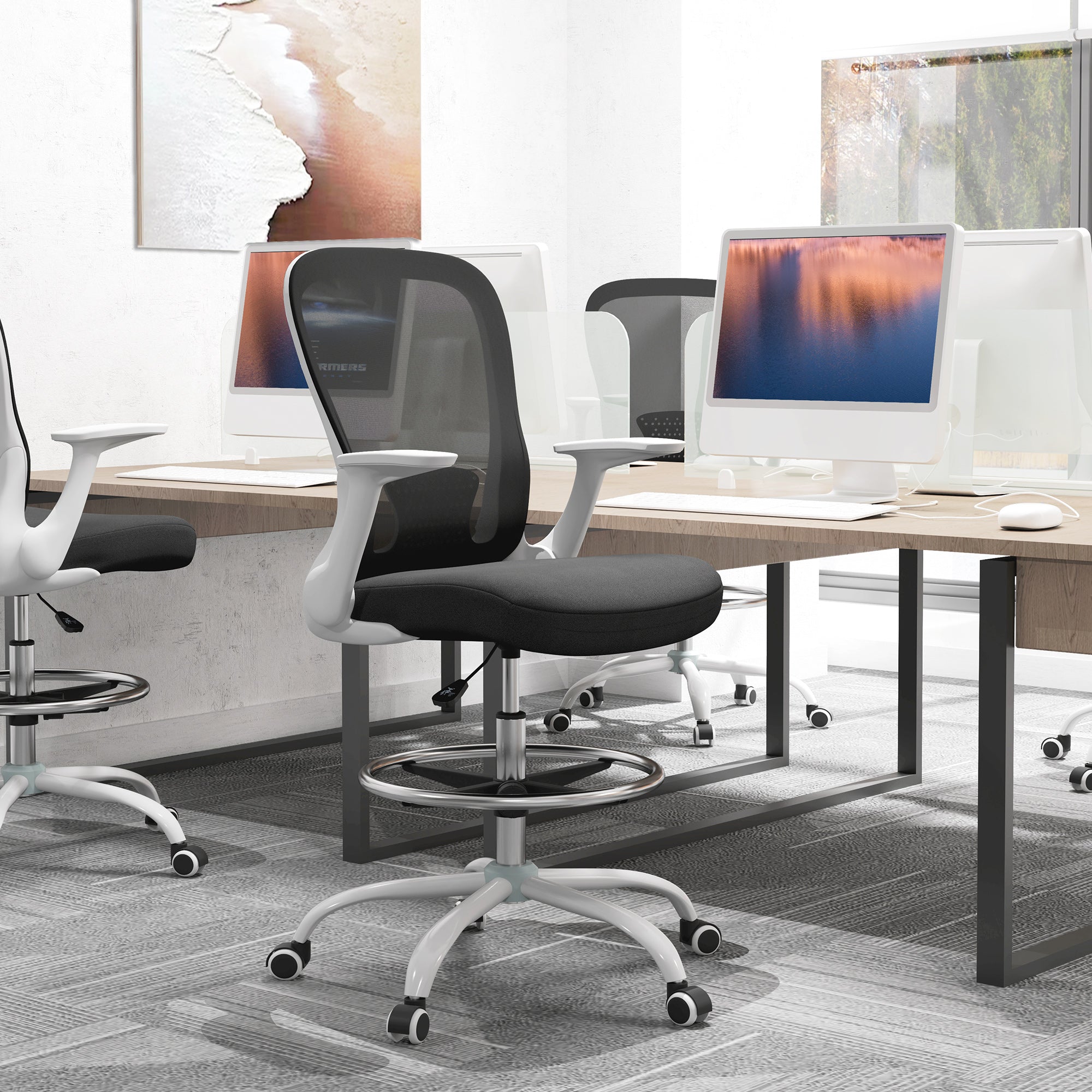 HOMCOM Drafting Chair Adjustable Height Breathable For Office with black mesh back, cushioned seat, chrome foot ring.