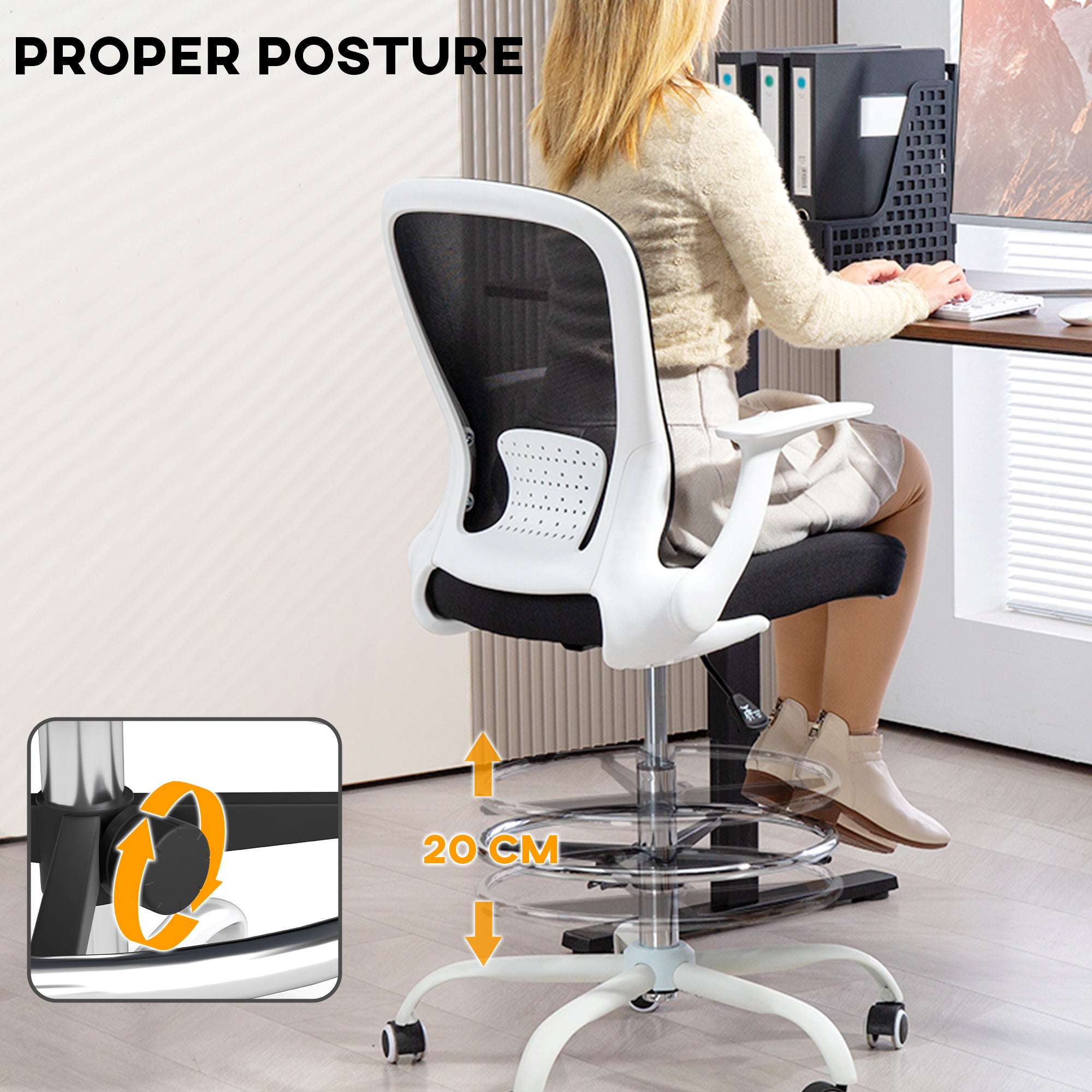 HOMCOM Drafting Chair Adjustable Height Breathable For Office with mesh back, lumbar support, chrome foot ring.