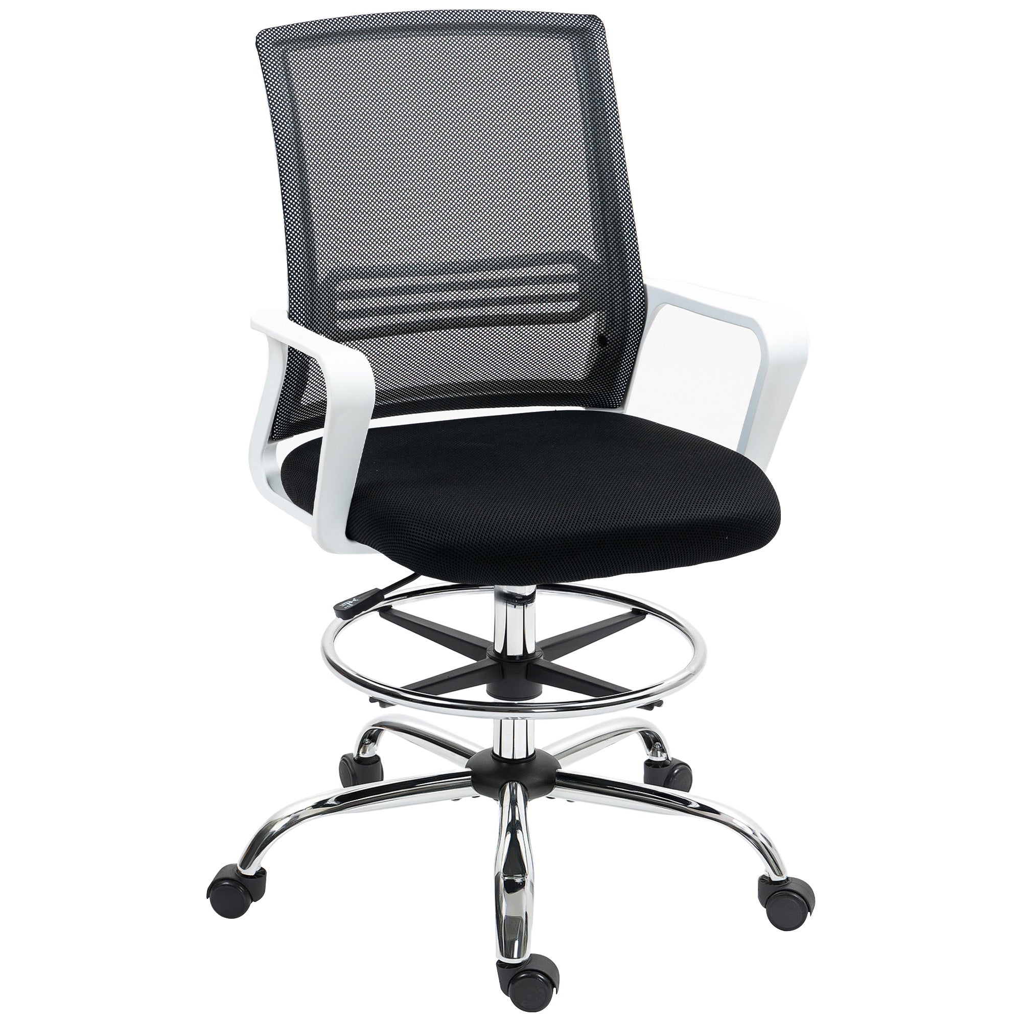 HOMCOM Draughtsman Chair Mesh Ergonomic Drafting Office chair with white frame, black mesh back, and cushioned seat.