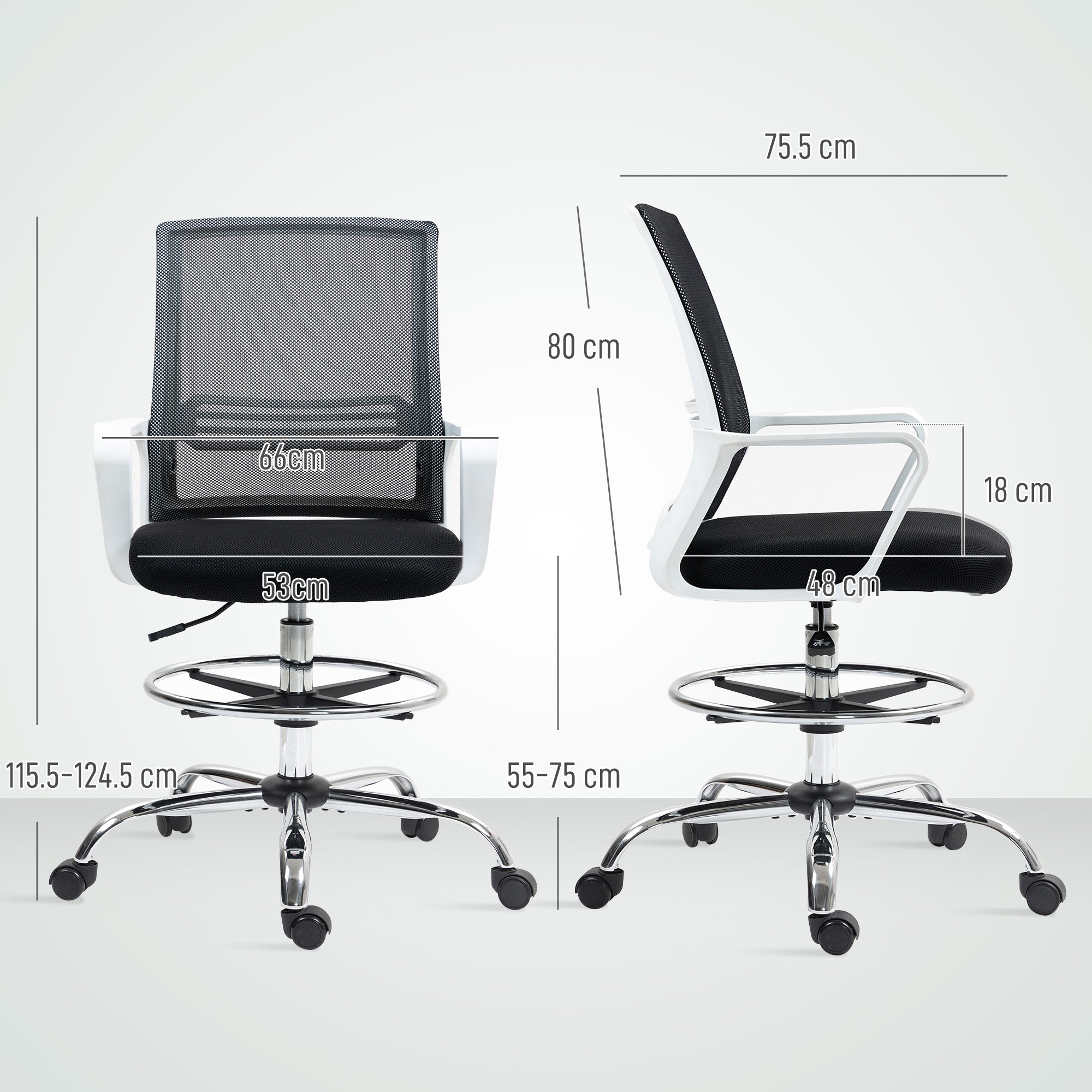 HOMCOM Draughtsman Chair Mesh Ergonomic Drafting Office with breathable mesh back, lumbar support and white frame.