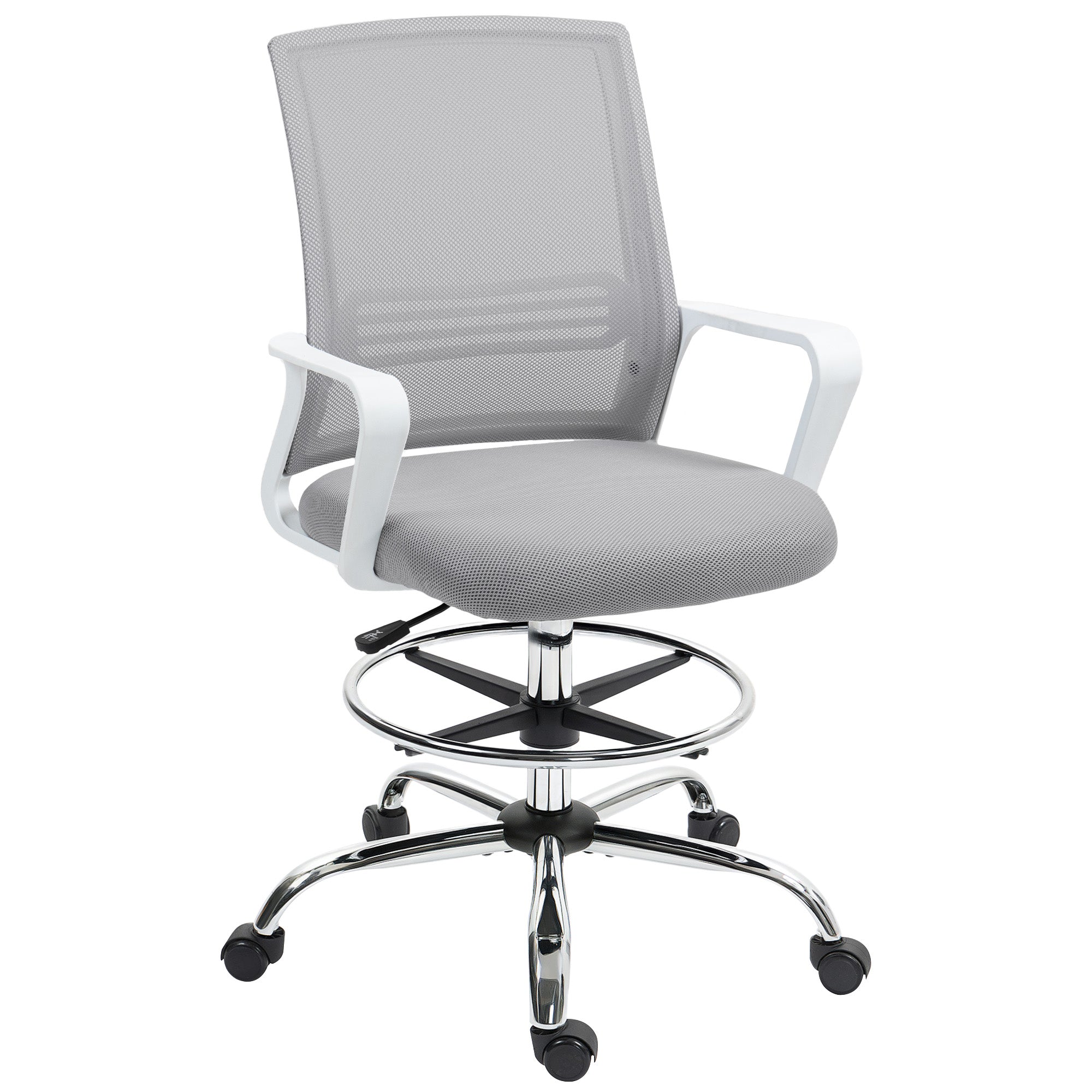 HOMCOM Draughtsman Chair Mesh Ergonomic Drafting Office - mesh back, cushioned seat, white frame, chrome base.