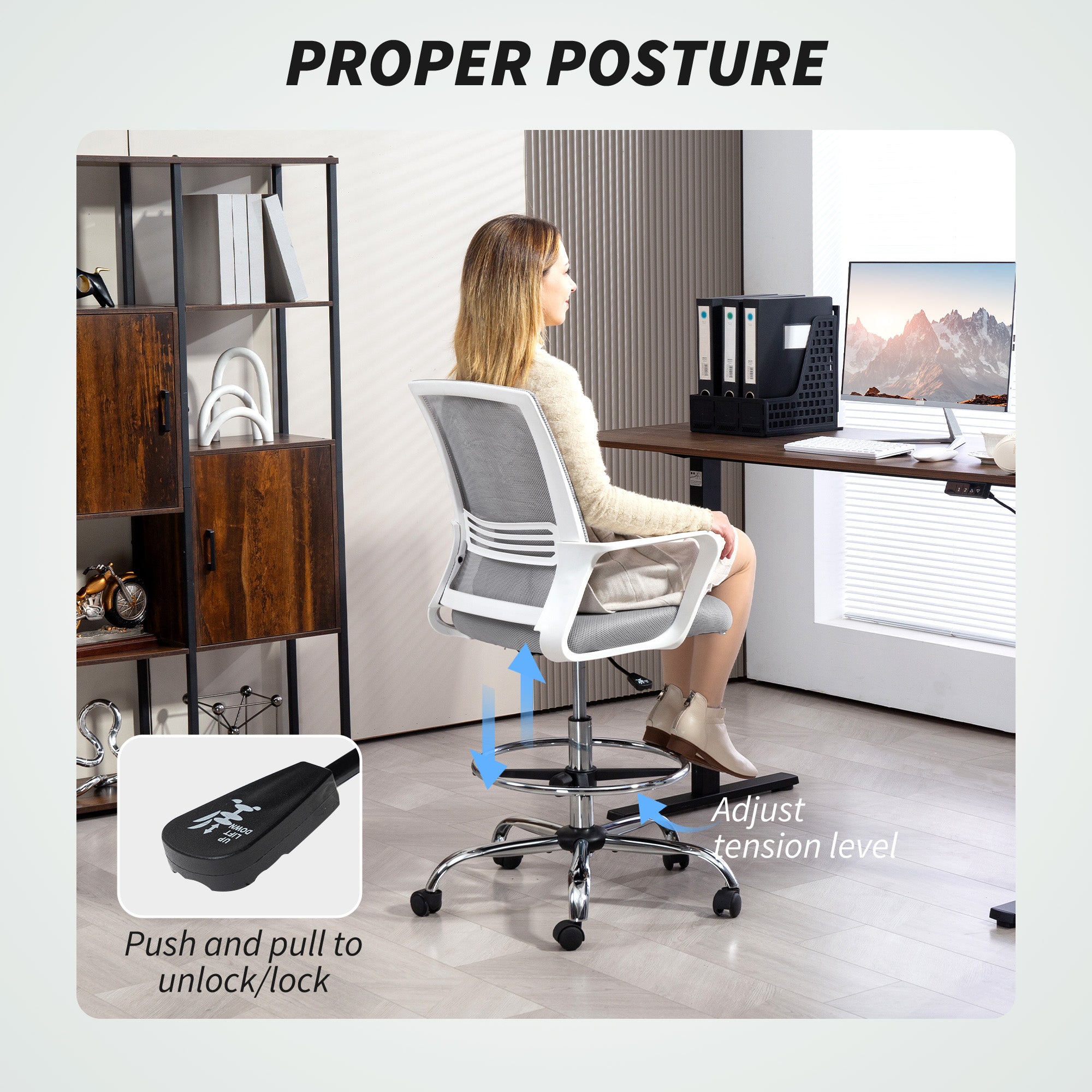 HOMCOM Draughtsman Chair Mesh Ergonomic Drafting Office with breathable mesh back, lumbar support, white frame.