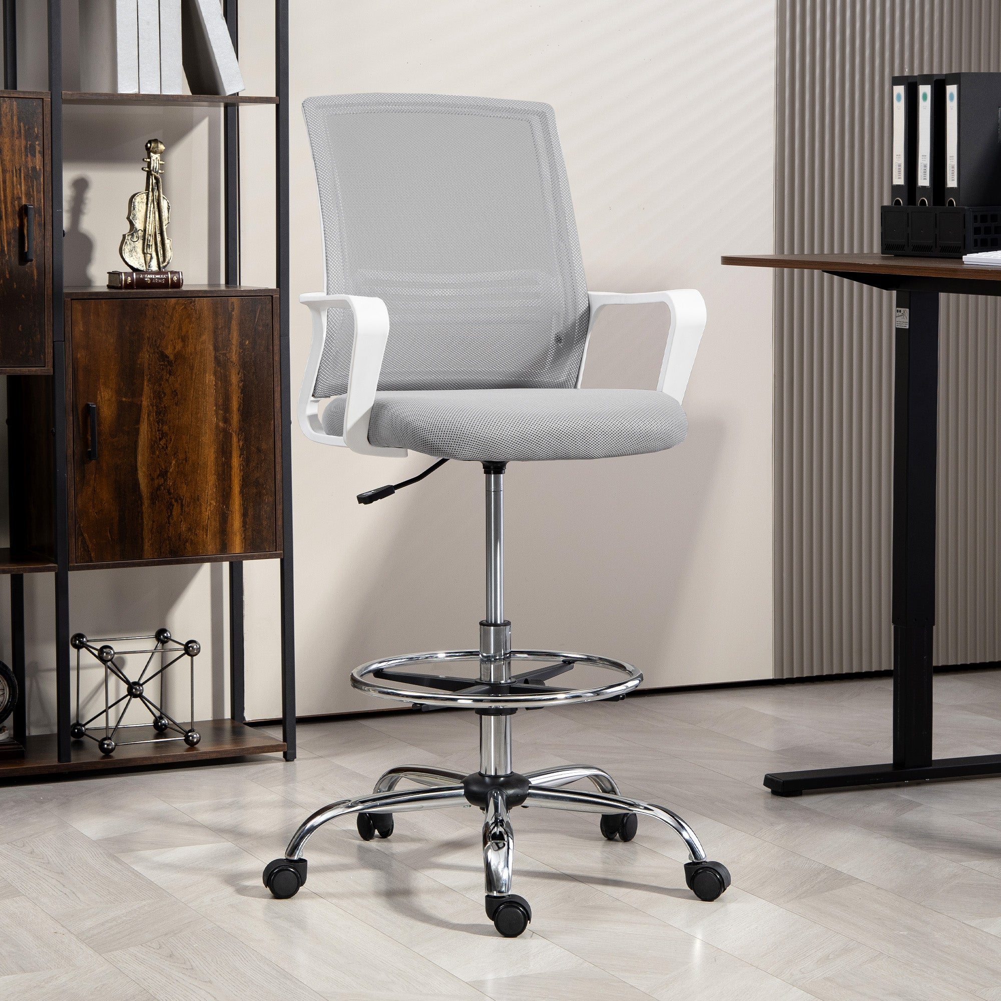 HOMCOM Draughtsman Chair Mesh Ergonomic Drafting Office with mesh back, cushioned seat, white frame, chrome base.