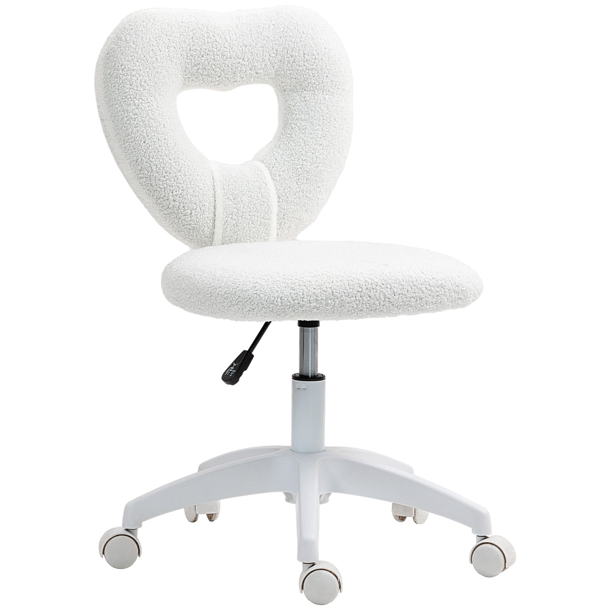 HOMCOM Armless Heart Desk Chair 16in Plush Fleece Vanity with heart-back, plush white upholstery, wheeled base