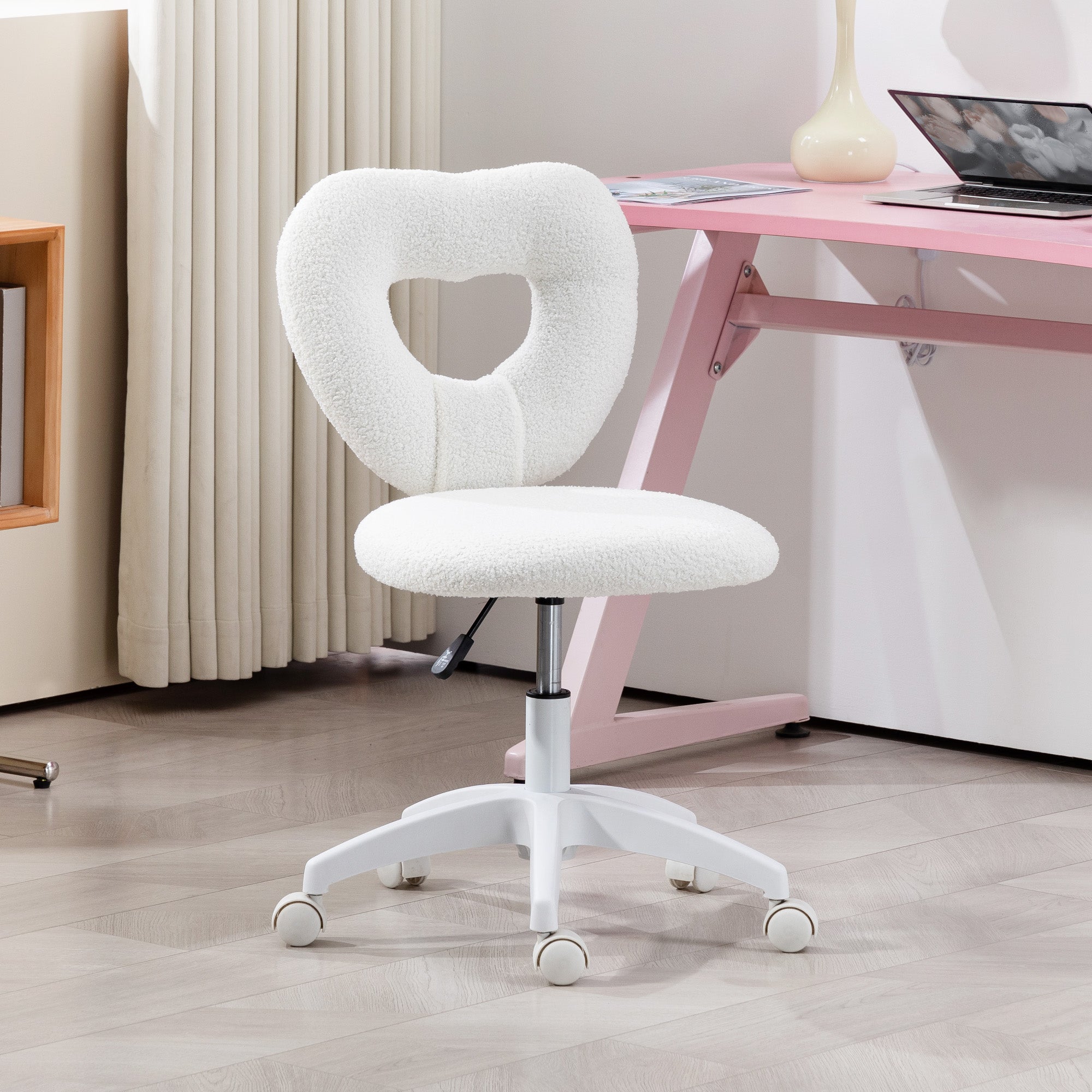 HOMCOM Armless Heart Desk Chair 16in Plush Fleece Vanity, white plush heart-back chair on a wheeled base.