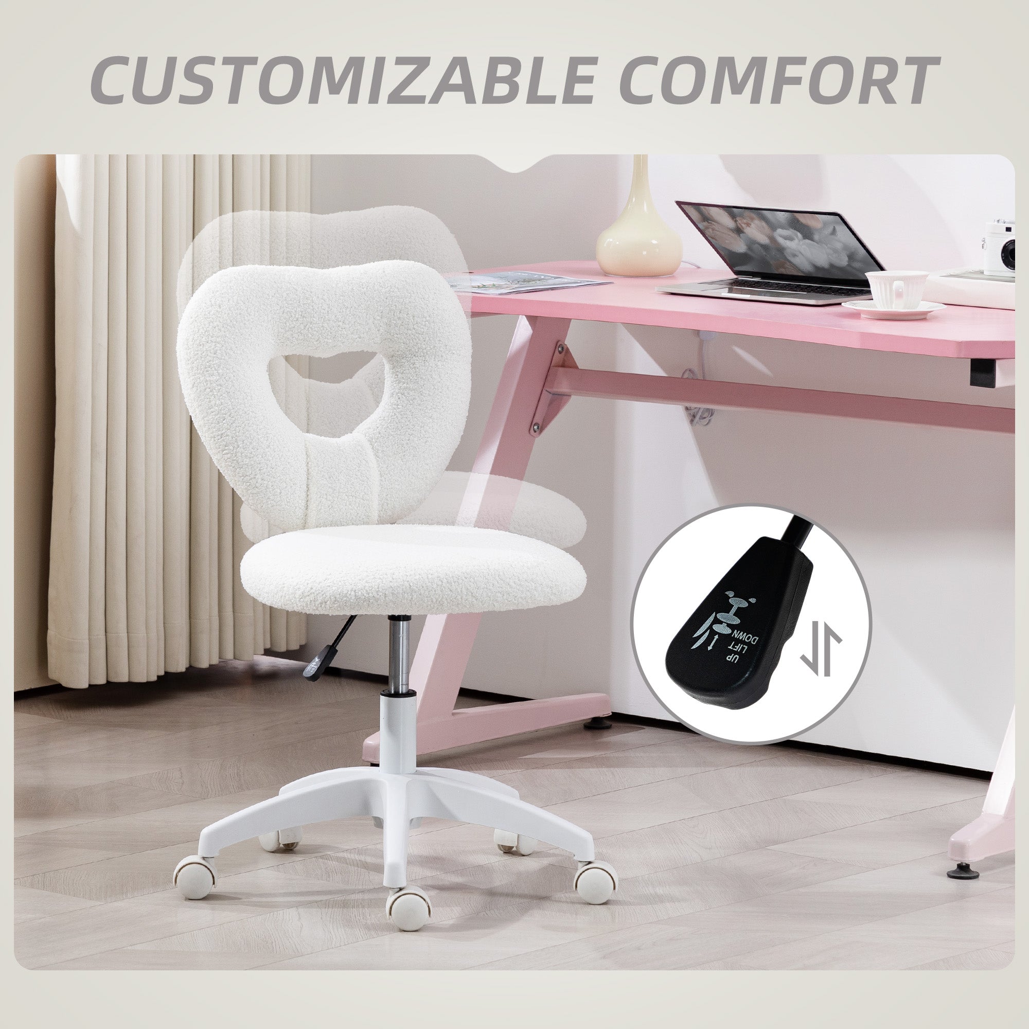 HOMCOM Armless Heart Desk Chair 16in Plush Fleece Vanity - HOMCOM - Home Symphony