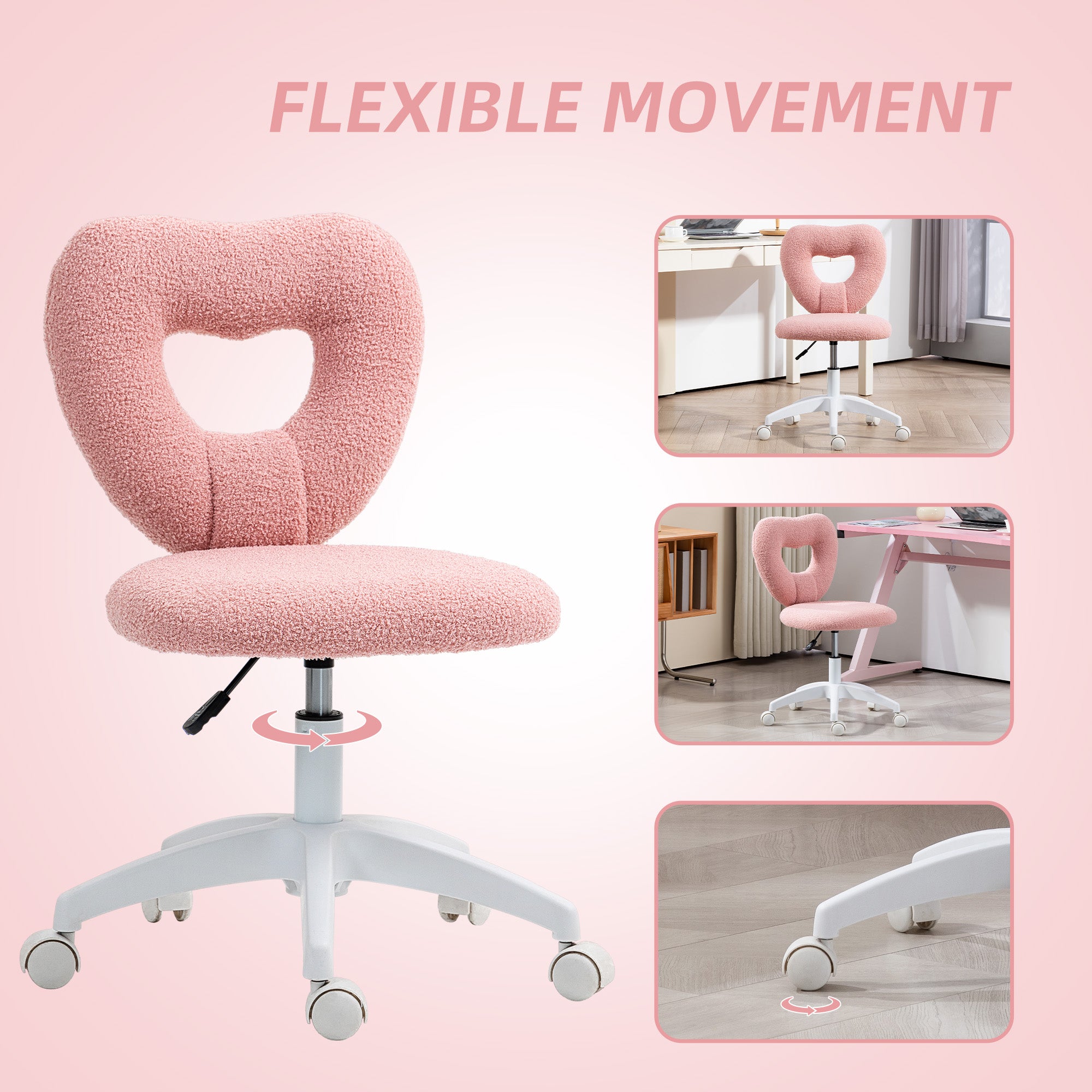 HOMCOM Armless Heart Desk Chair 16in Plush Fleece Vanity in pink teddy fabric for your study or vanity
