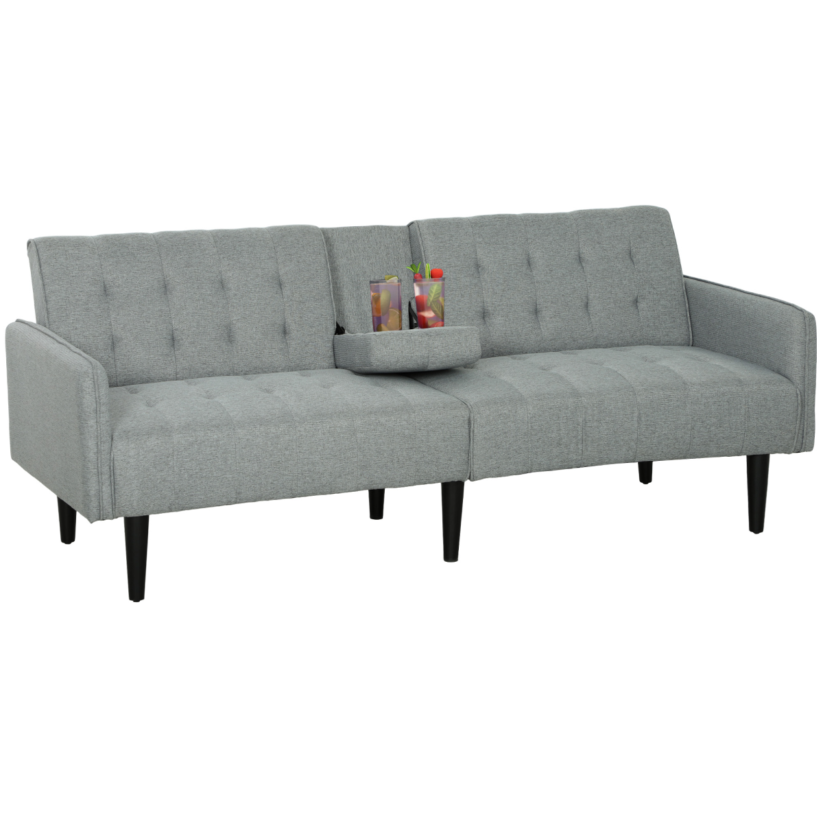 HOMCOM Sofa Bed 3 Seater With Storage Home Theater in grey fabric with tufted back and center storage tray.