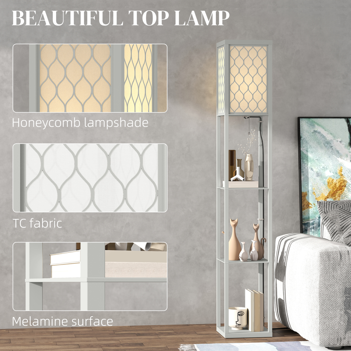 HOMCOM Modern Floor Lamp Light with 3 Shelves Fabric Lampshade features a honeycomb design and stylish storage shelves.