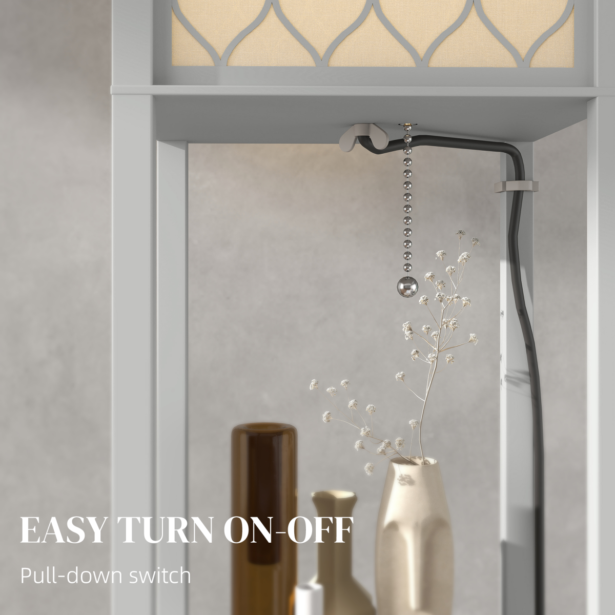 HOMCOM Modern Floor Lamp Light with 3 Shelves Fabric Lampshade features a pull-down switch and stylish geometric design.