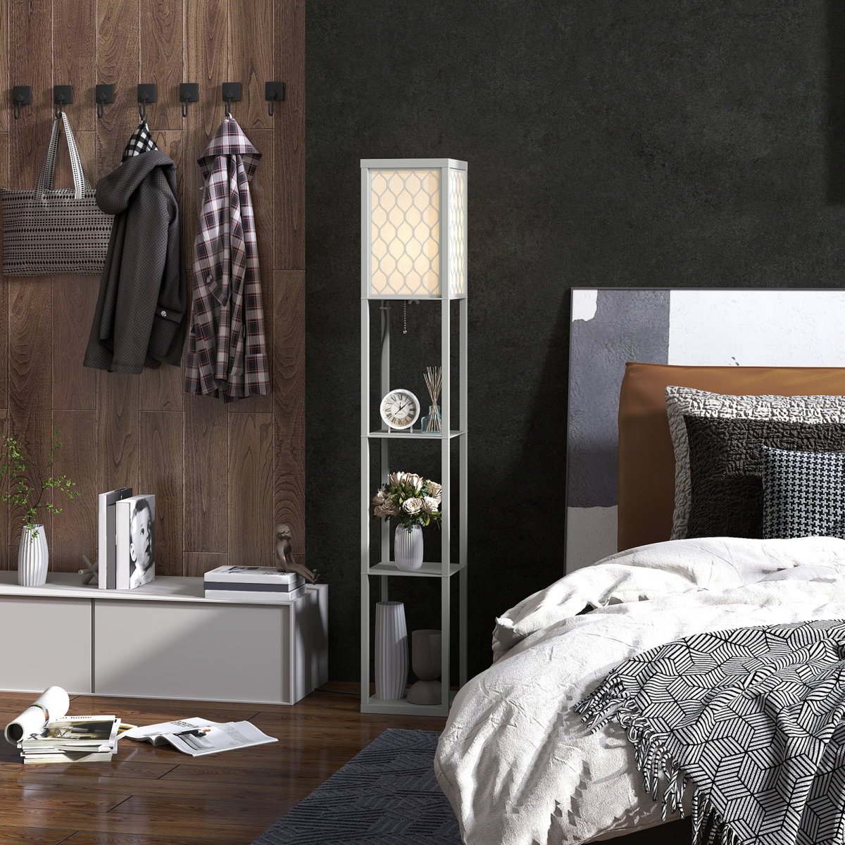 HOMCOM Modern Floor Lamp Light with 3 Shelves Fabric Lampshade adds style and function to your space with elegant design.