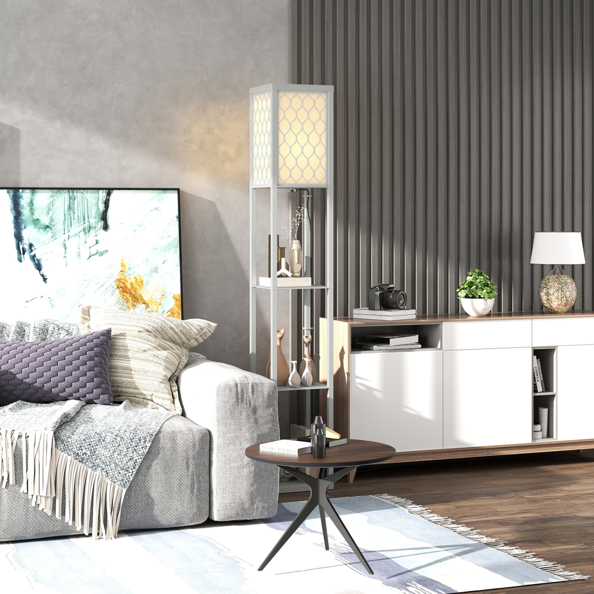 HOMCOM Modern Floor Lamp Light with 3 Shelves Fabric Lampshade enhances decor with stylish storage and soft lighting.