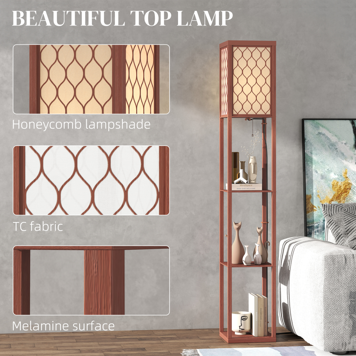 HOMCOM Modern Floor Lamp Light with 3 Shelves Fabric Lampshade features a honeycomb design and stylish storage shelves.