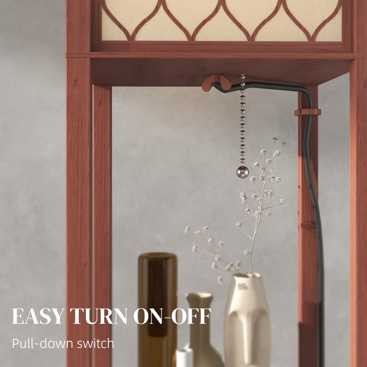 HOMCOM Modern Floor Lamp Light with 3 Shelves Fabric Lampshade features a pull-down switch and stylish geometric design.