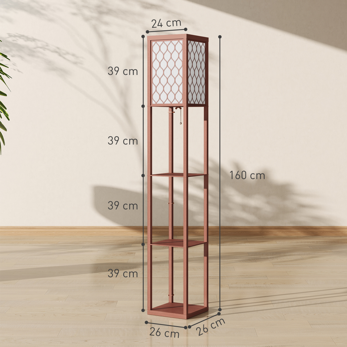 Stylish HOMCOM Modern Floor Lamp Light with 3 Shelves Fabric Lampshade, featuring geometric design and functional storage.