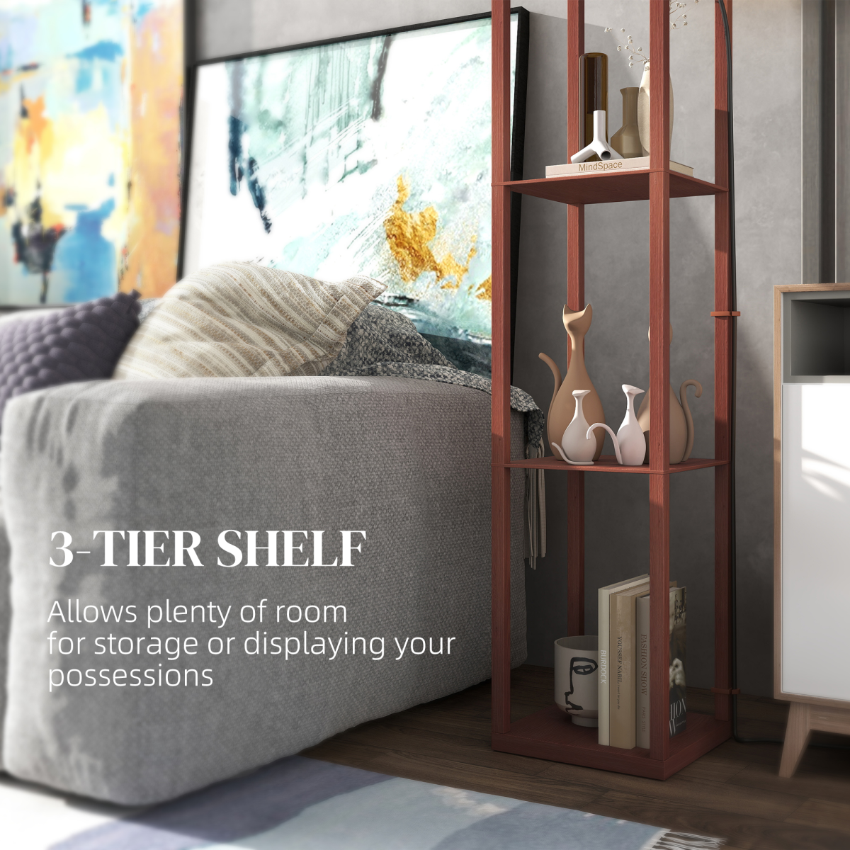 HOMCOM Modern Floor Lamp Light with 3 Shelves Fabric Lampshade enhances spaces with its stylish design and storage options.