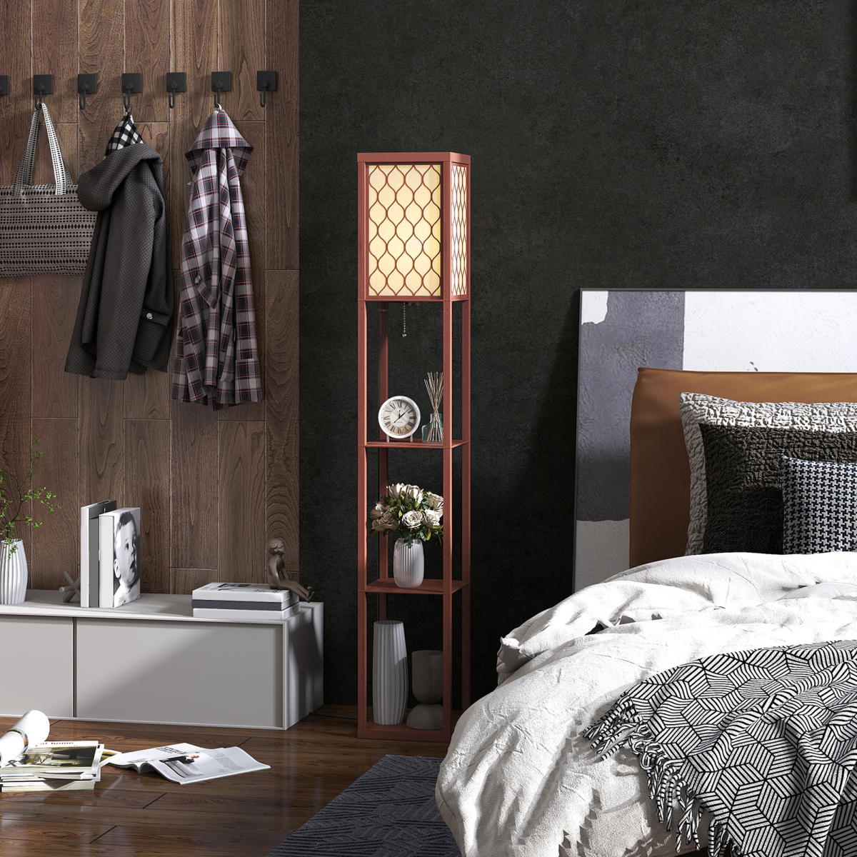 HOMCOM Modern Floor Lamp Light with 3 Shelves Fabric Lampshade enhances decor with storage and a soft glow.