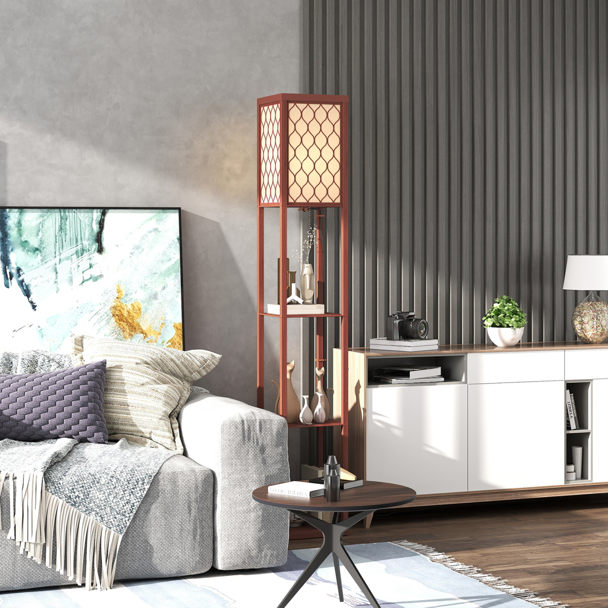 Stylish HOMCOM Modern Floor Lamp Light with 3 Shelves Fabric Lampshade enhances any space with soft, warm lighting.