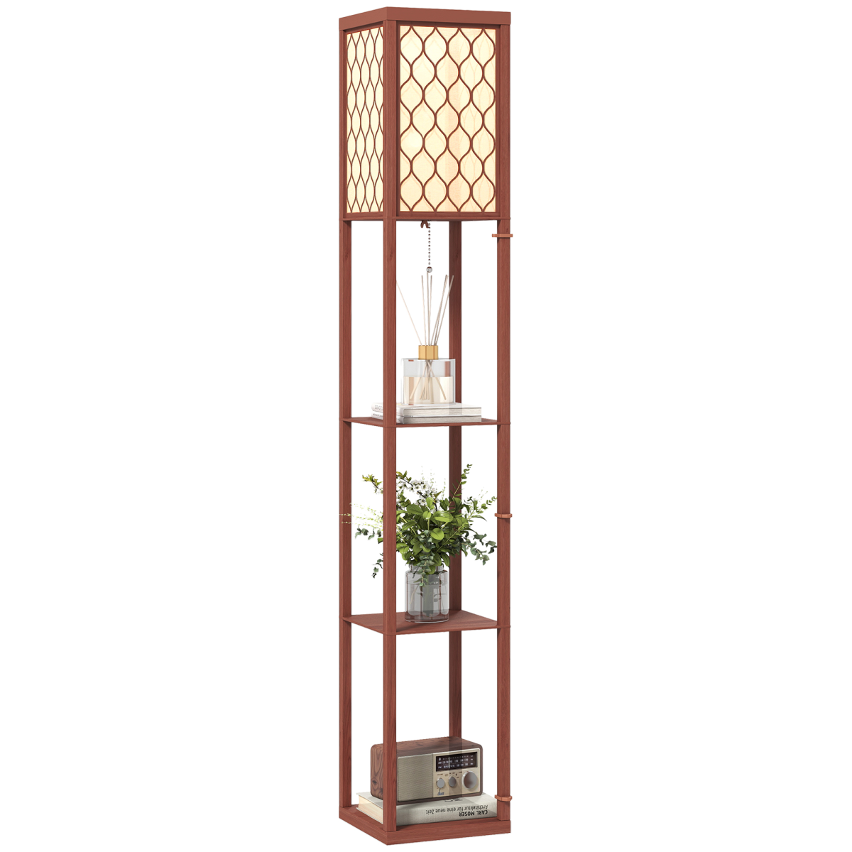 HOMCOM Modern Floor Lamp Light with 3 Shelves Fabric Lampshade features a geometric design and functional storage.