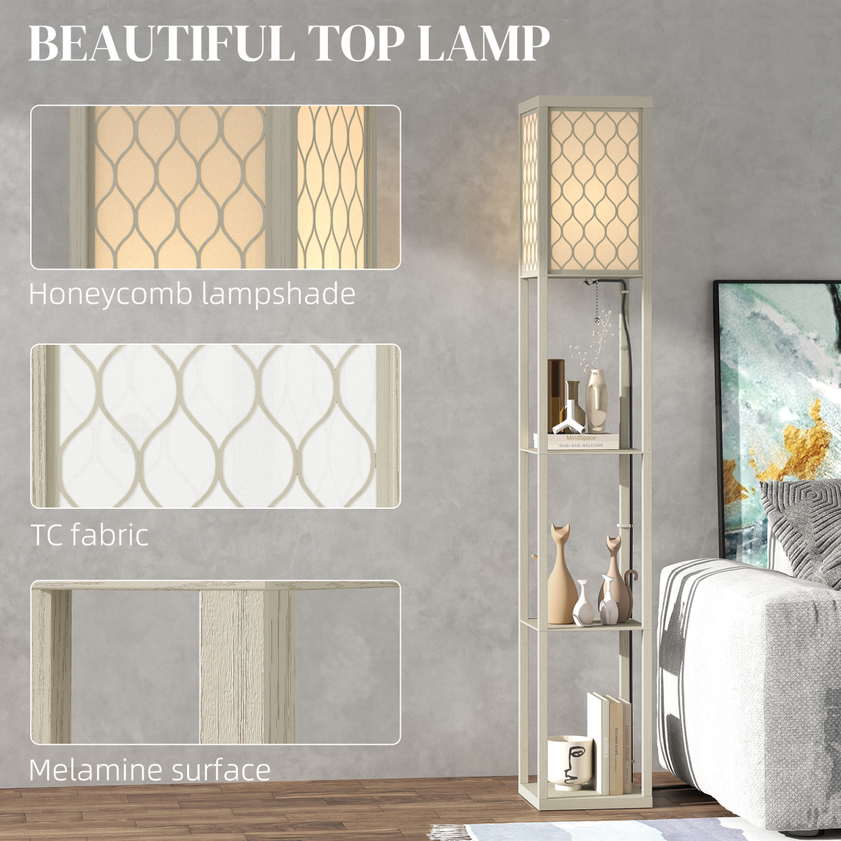 HOMCOM Modern Floor Lamp Light with 3 Shelves Fabric Lampshade offers stylish storage and a soft glow for any room.
