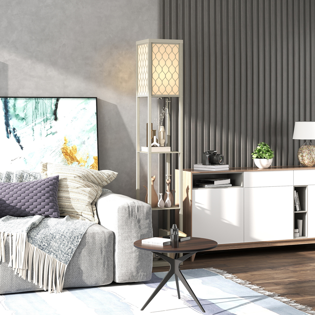 Stylish HOMCOM Modern Floor Lamp Light with 3 Shelves Fabric Lampshade adds elegance and functionality to any space.