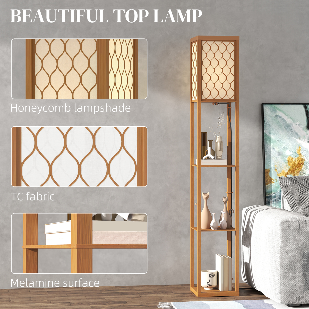 HOMCOM Modern Floor Lamp Light with 3 Shelves Fabric Lampshade features a geometric design and provides stylish storage.
