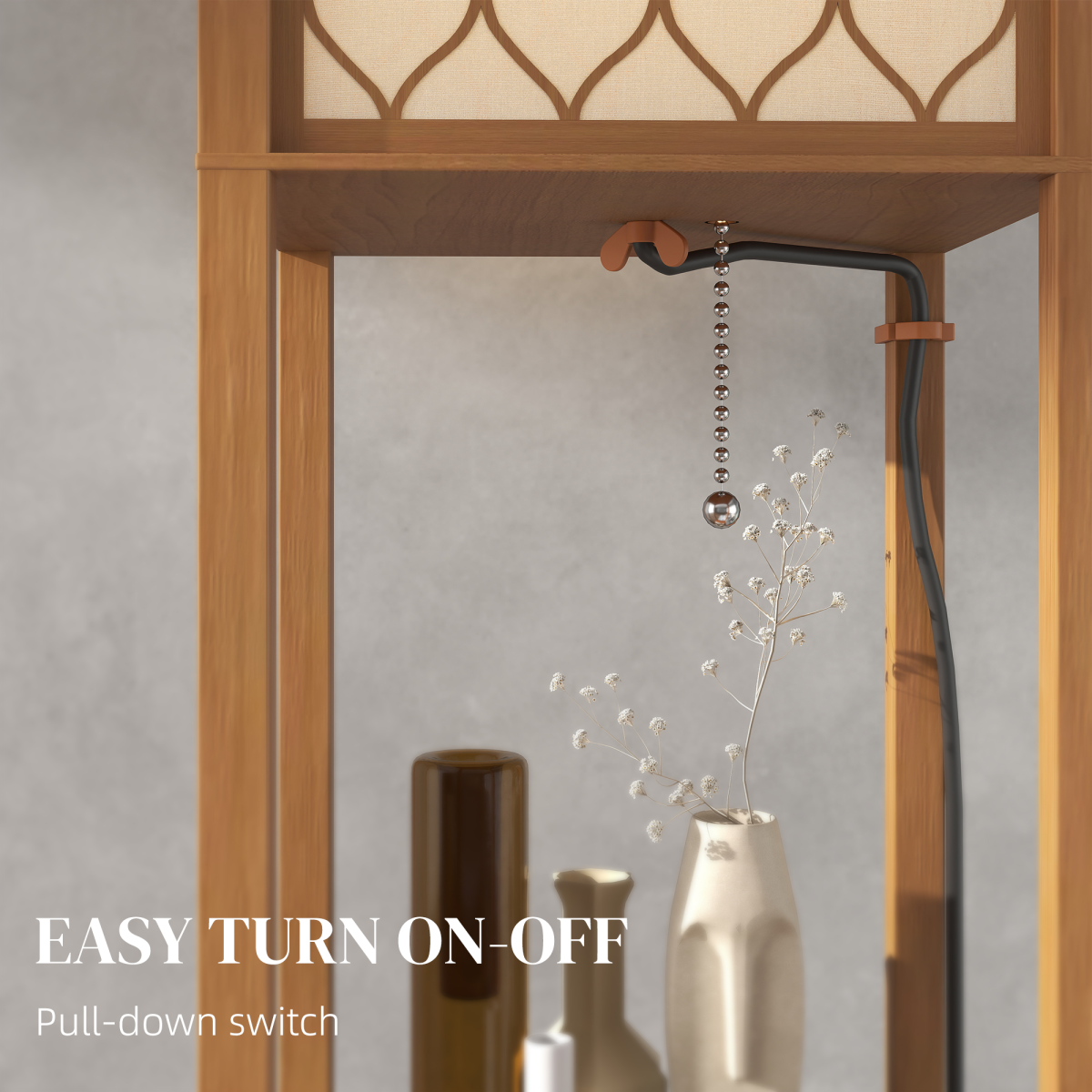 HOMCOM Modern Floor Lamp Light with 3 Shelves Fabric Lampshade features easy pull-down switch and stylish design for any room.