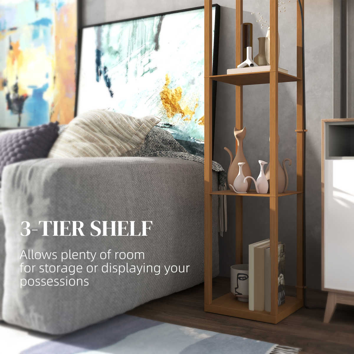 HOMCOM Modern Floor Lamp Light with 3 Shelves Fabric Lampshade features stylish storage and a warm glow for any room.