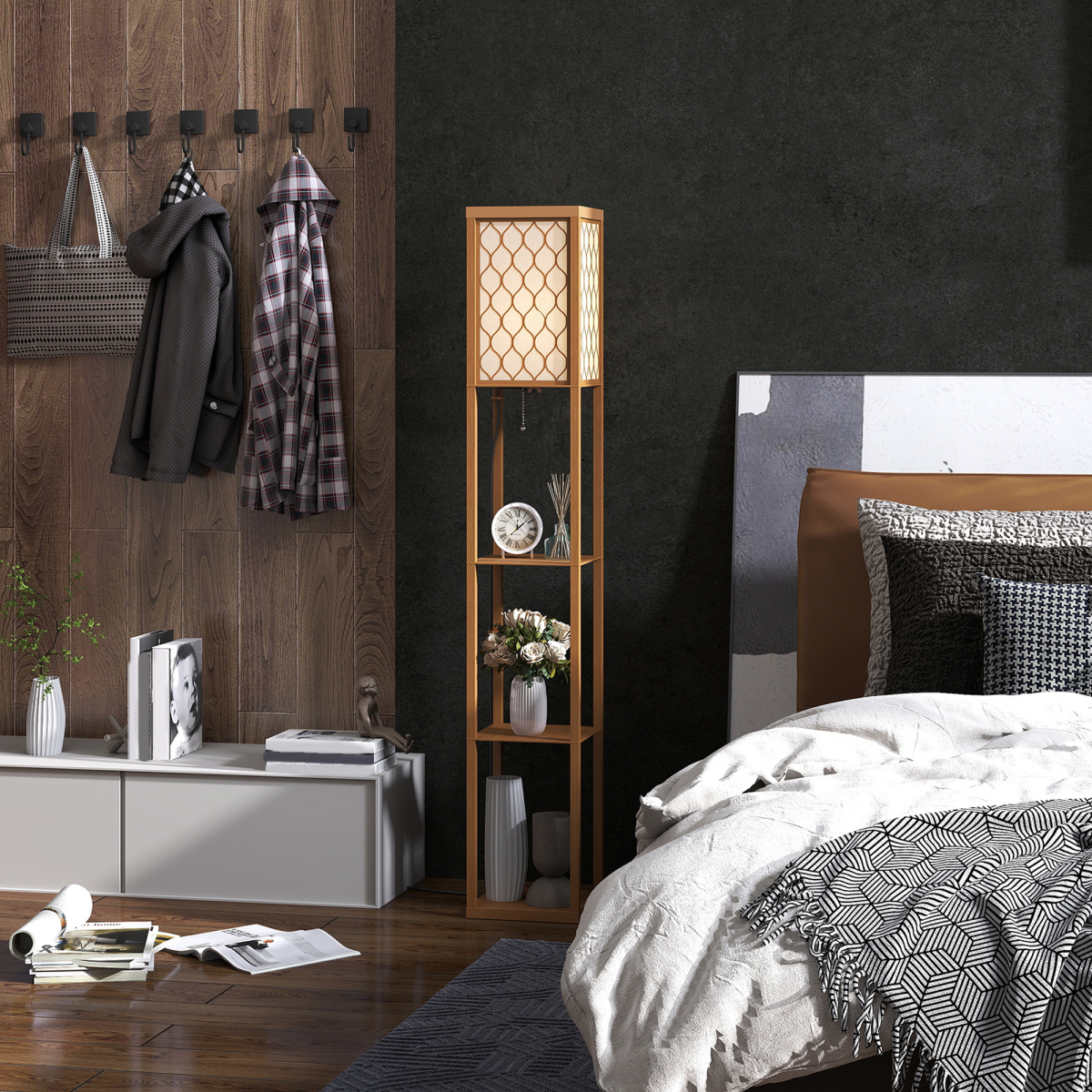 HOMCOM Modern Floor Lamp Light with 3 Shelves Fabric Lampshade adds elegance and function to any room with its soft glow.