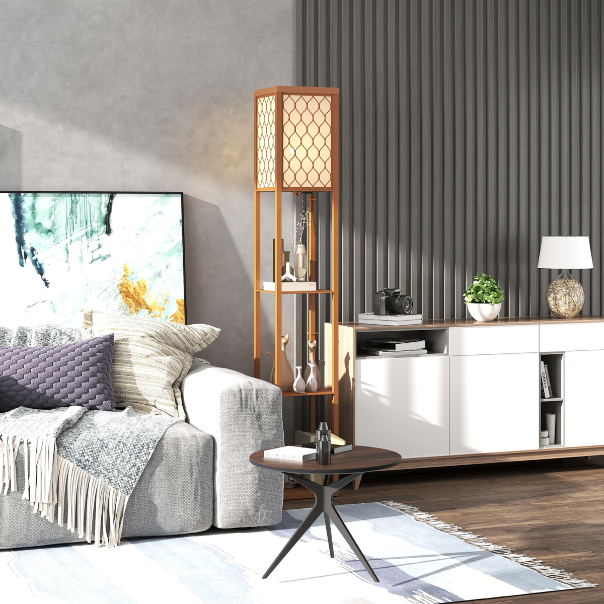 Elevate your space with the HOMCOM Modern Floor Lamp Light with 3 Shelves Fabric Lampshade, blending style and function.