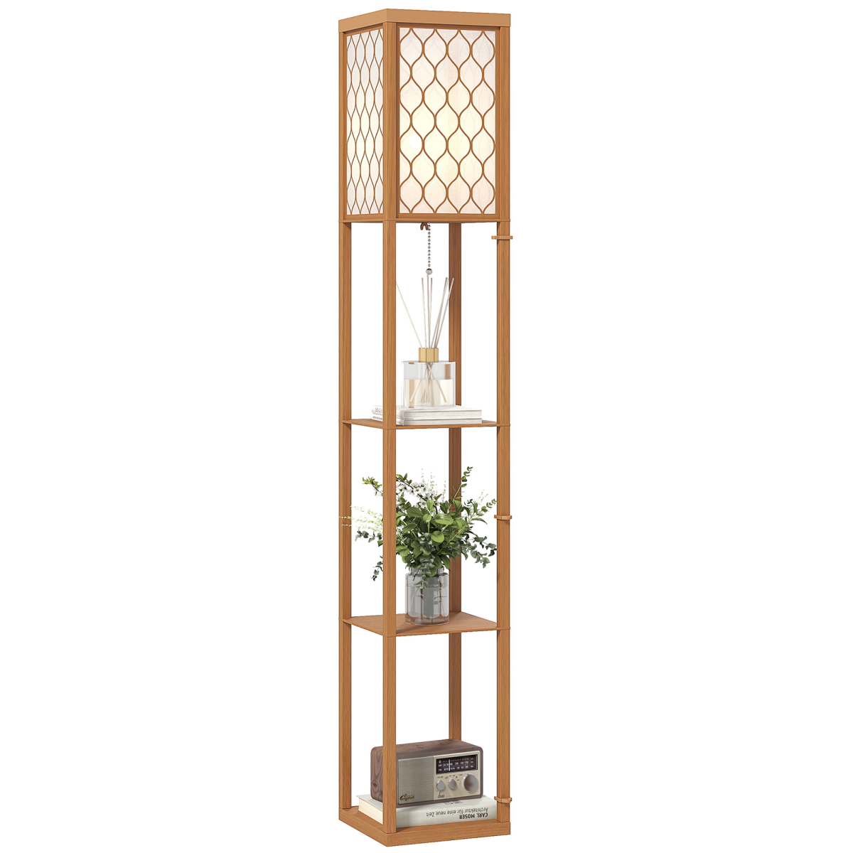 Illuminate your space with the HOMCOM Modern Floor Lamp Light with 3 Shelves Fabric Lampshade, featuring stylish storage.