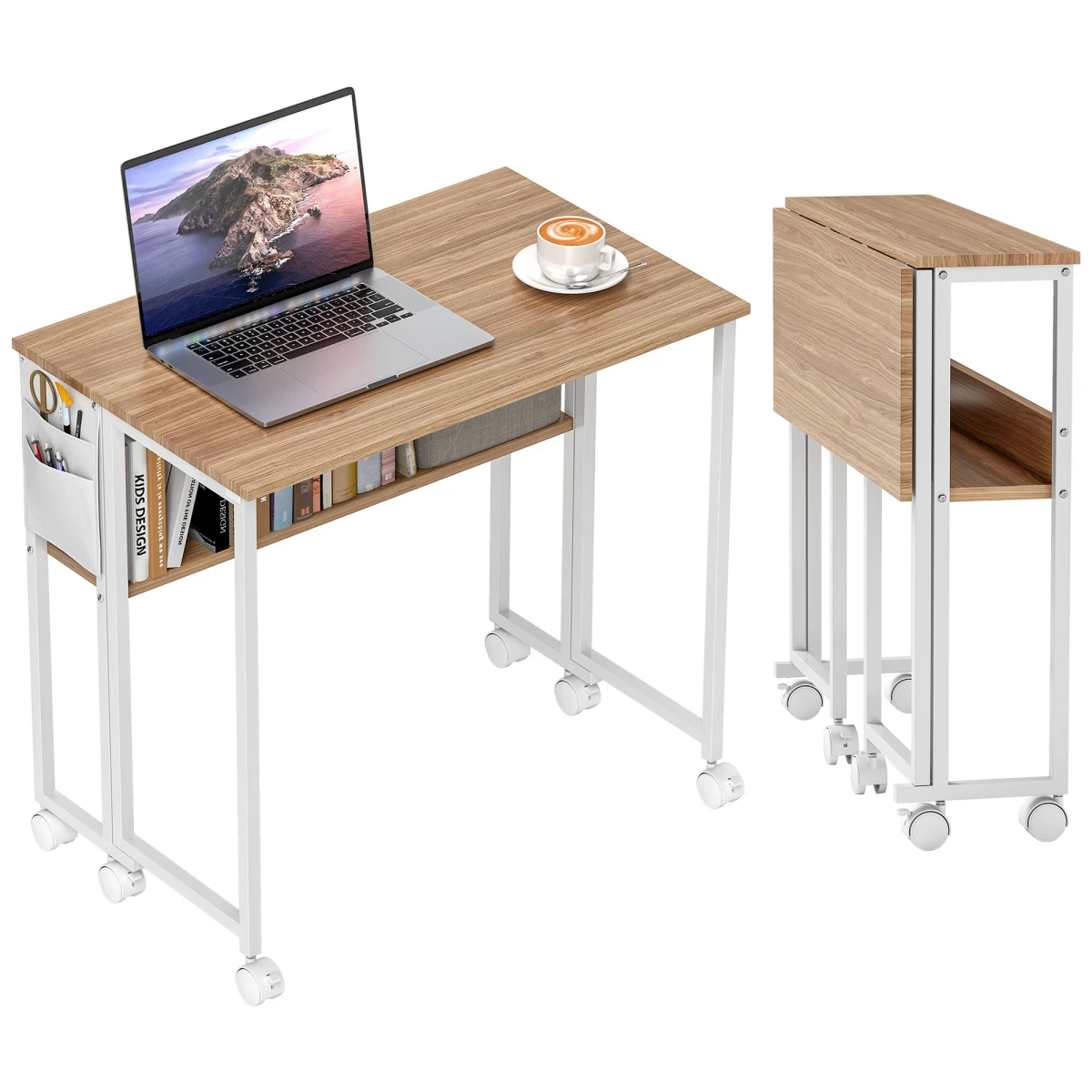 HOMCOM HOMCOM Foldable Computer Desk 80cm Wide On Wheels with Drop Leaf and Storage Shelf for Small Spaces - Desk