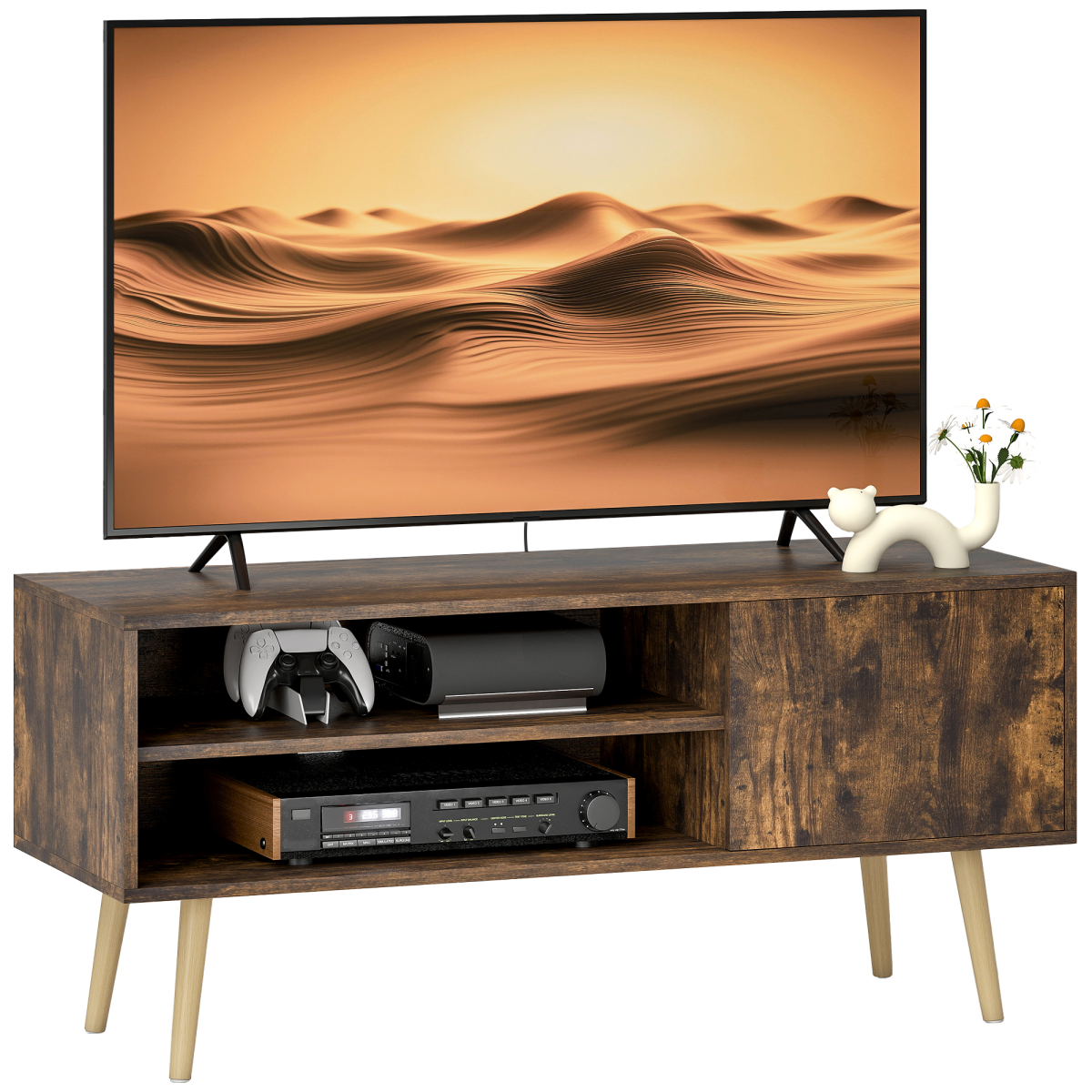 HOMCOM 55-Inch TV unit with cupboard shelves in dark wood finish, TV on top, gaming console on shelf, decorative vase.