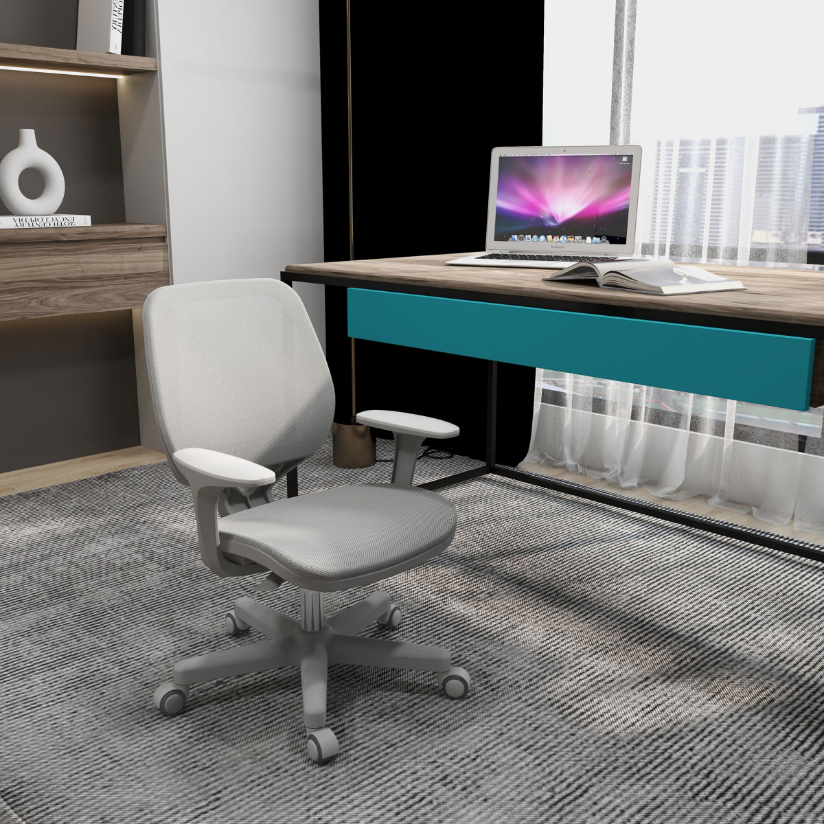 Vinsetto Office Chair Mesh Ergonomic 360 Swivel for Work in a modern home office with grey mesh and teal desk drawer.