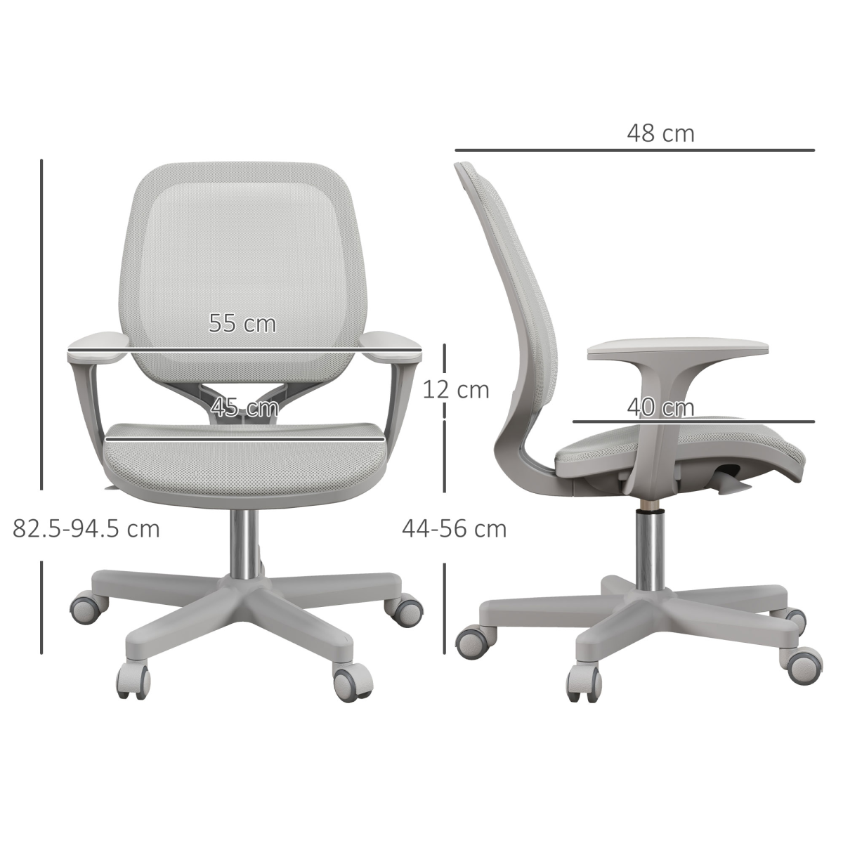 Vinsetto Office Chair Mesh Ergonomic 360 Swivel for Work - front and side dimension diagram in grey mesh.