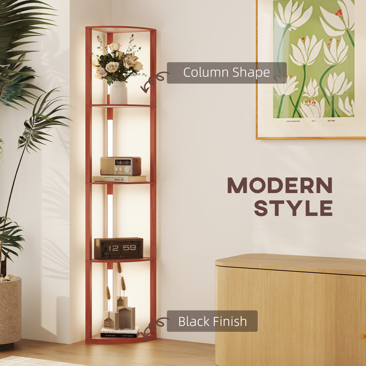 HOMCOM Corner Floor Lamp with Dimmable Warm White LED Light features three shelves and a sleek design perfect for corners.