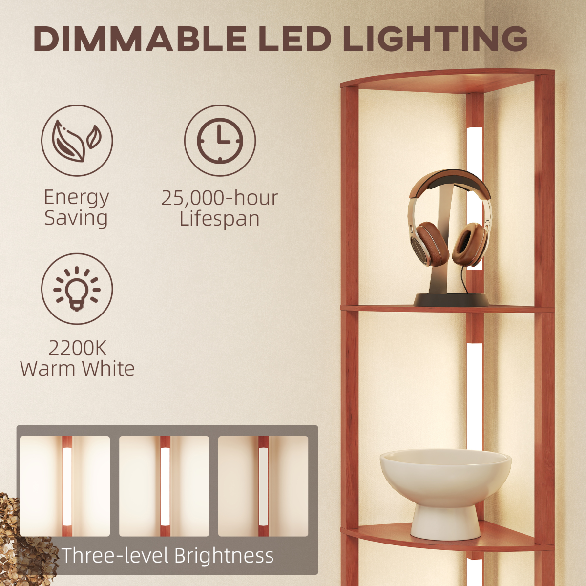 Stylish HOMCOM Corner Floor Lamp with Dimmable Warm White LED Light features three shelves for decor and adjustable brightness.