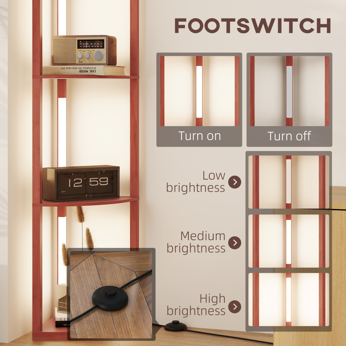 HOMCOM Corner Floor Lamp with Dimmable Warm White LED Light features shelves and adjustable brightness for versatile decor.