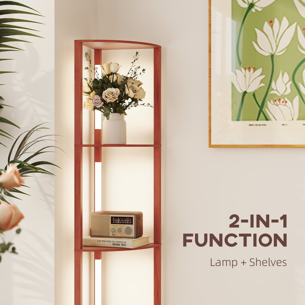 Enhance your space with the HOMCOM Corner Floor Lamp with Dimmable Warm White LED Light, featuring three shelves for decor.