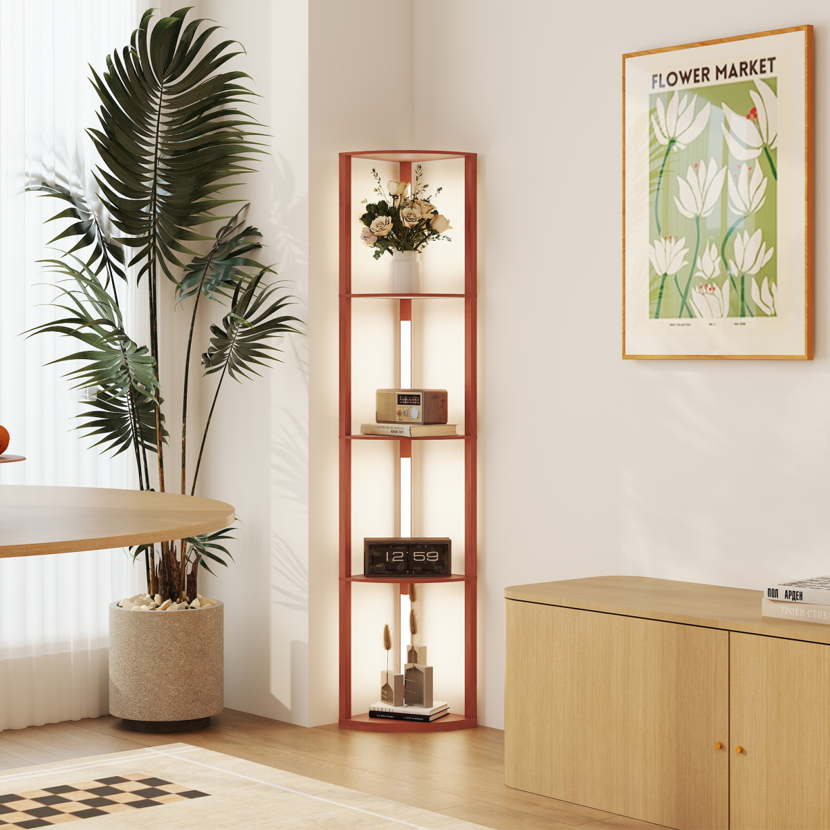 HOMCOM Corner Floor Lamp with Dimmable Warm White LED Light enhances decor with three shelves and adjustable lighting.