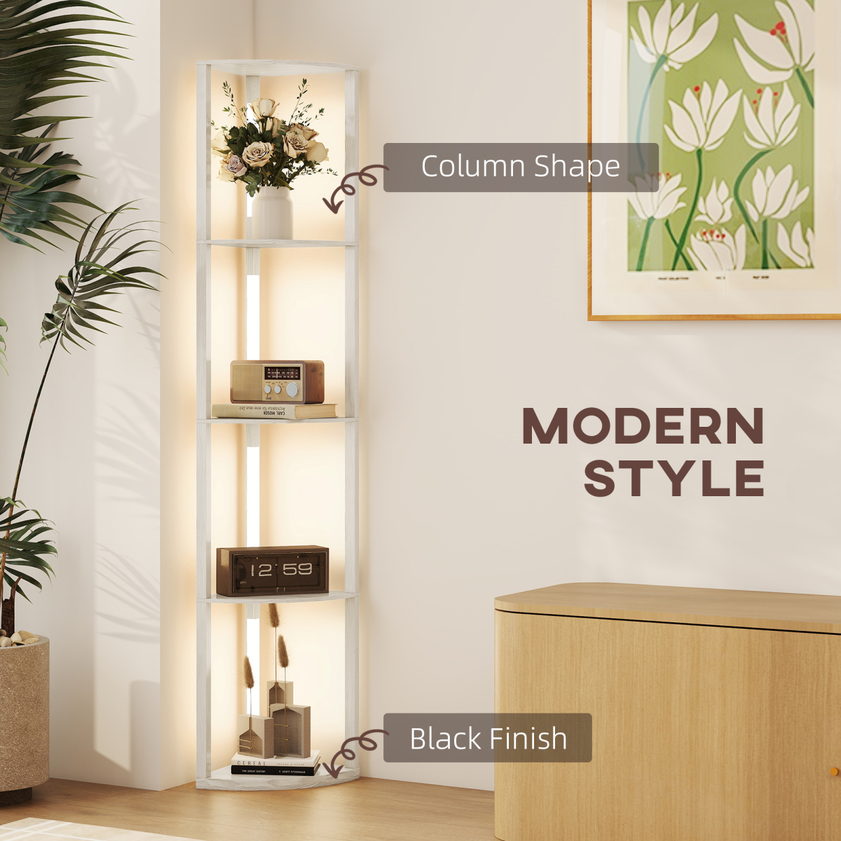 Stylishly illuminate your space with the HOMCOM Corner Floor Lamp with Dimmable Warm White LED Light and three shelves.