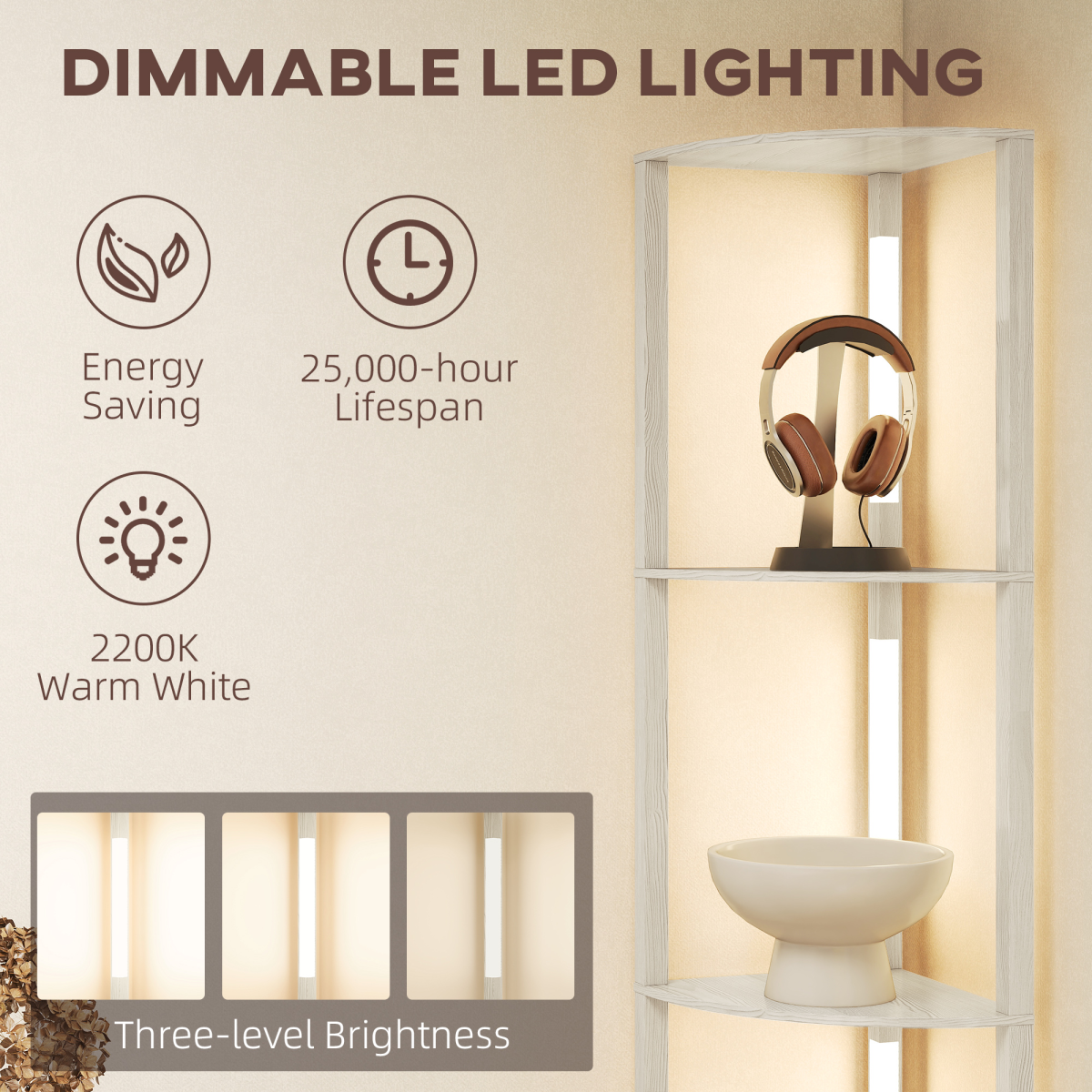 Enhance your space with the HOMCOM Corner Floor Lamp with Dimmable Warm White LED Light featuring stylish shelves.