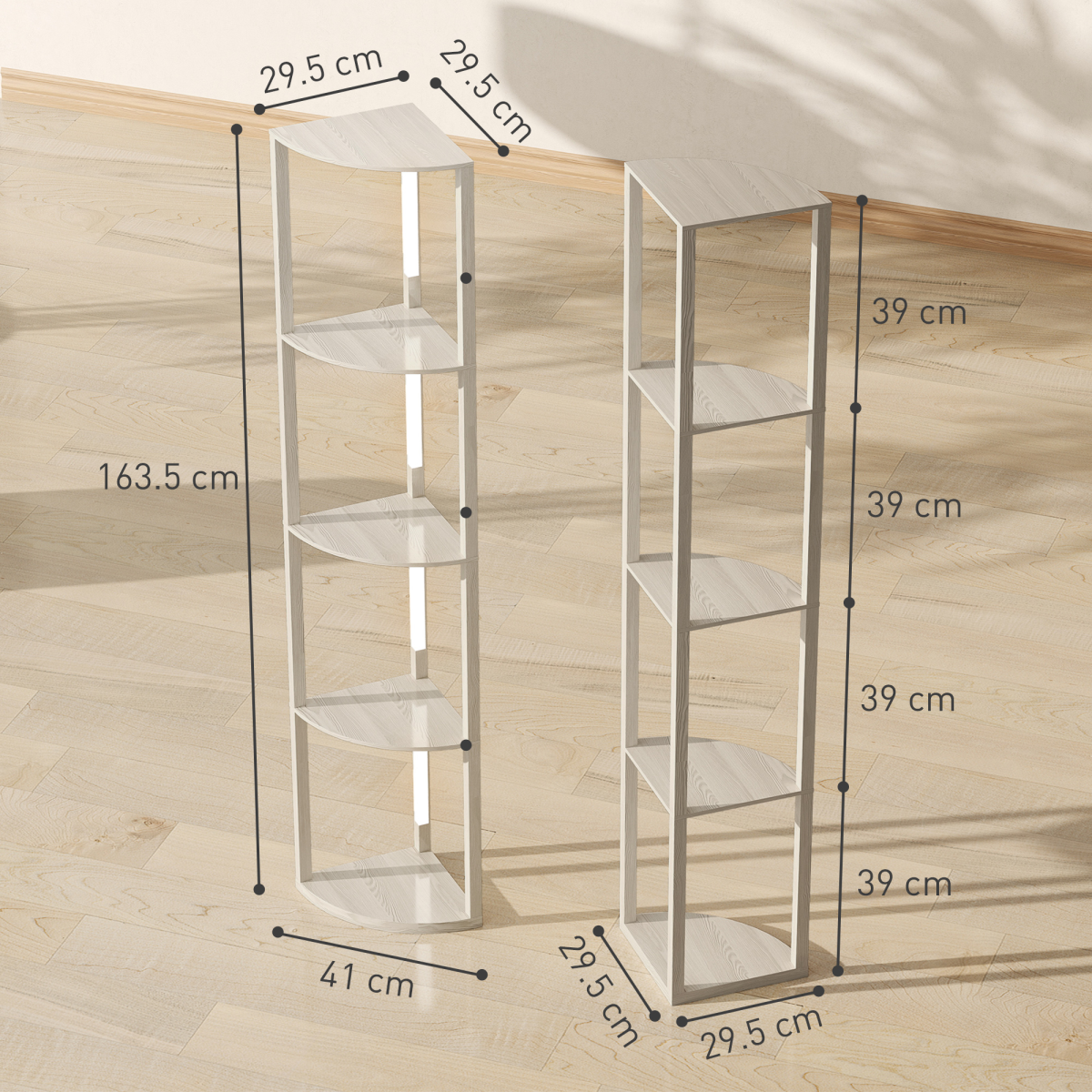 HOMCOM Corner Floor Lamp with Dimmable Warm White LED Light features three shelves, perfect for corner spaces.