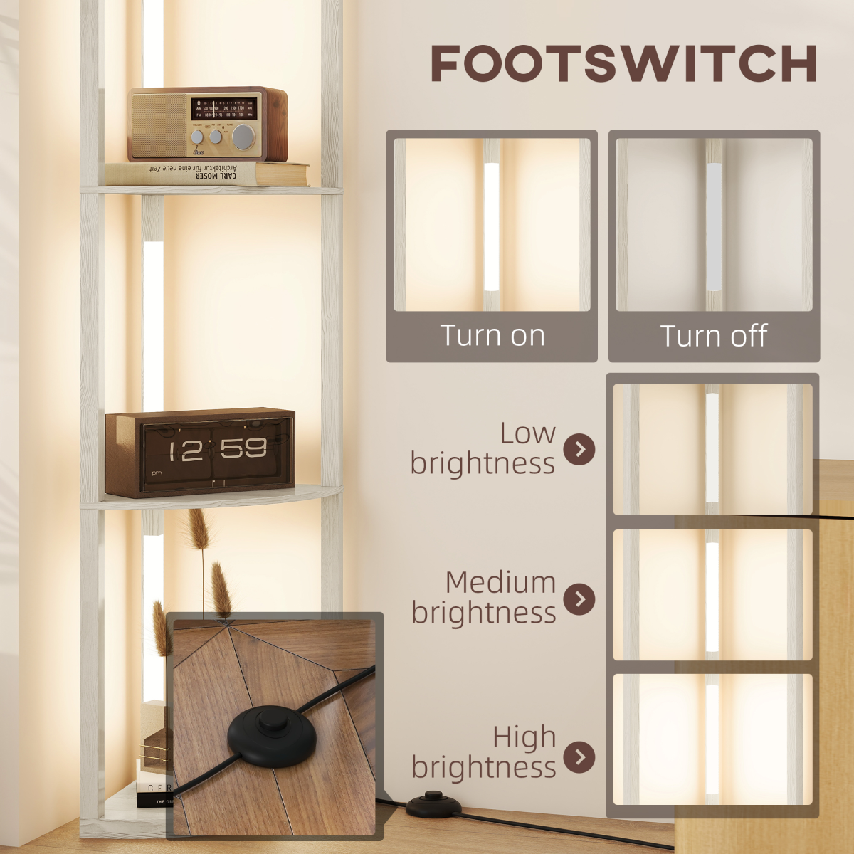 Stylish HOMCOM Corner Floor Lamp with Dimmable Warm White LED Light features three shelves and adjustable brightness.