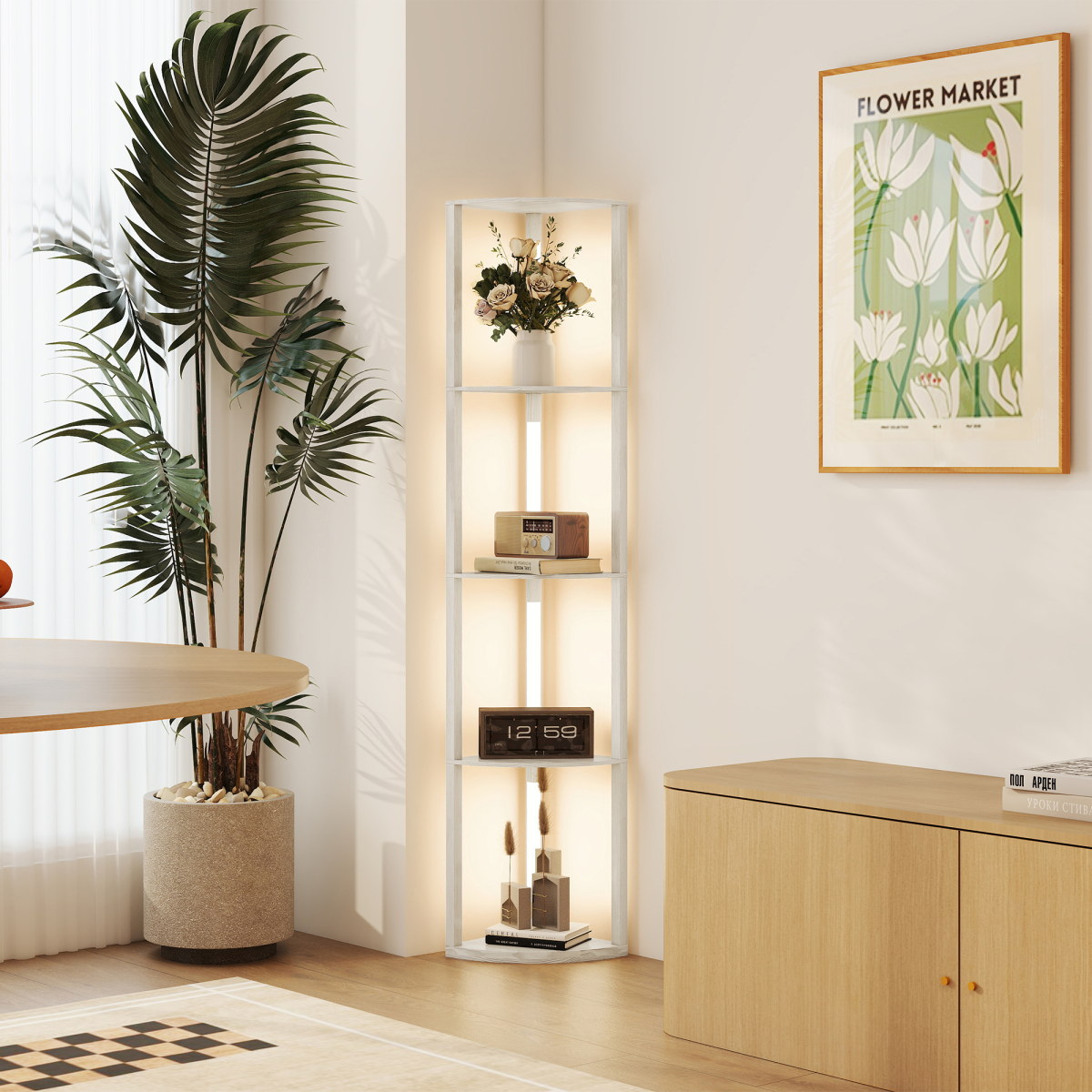 Elevate your space with the HOMCOM Corner Floor Lamp with Dimmable Warm White LED Light, featuring stylish shelves and warm lighting.